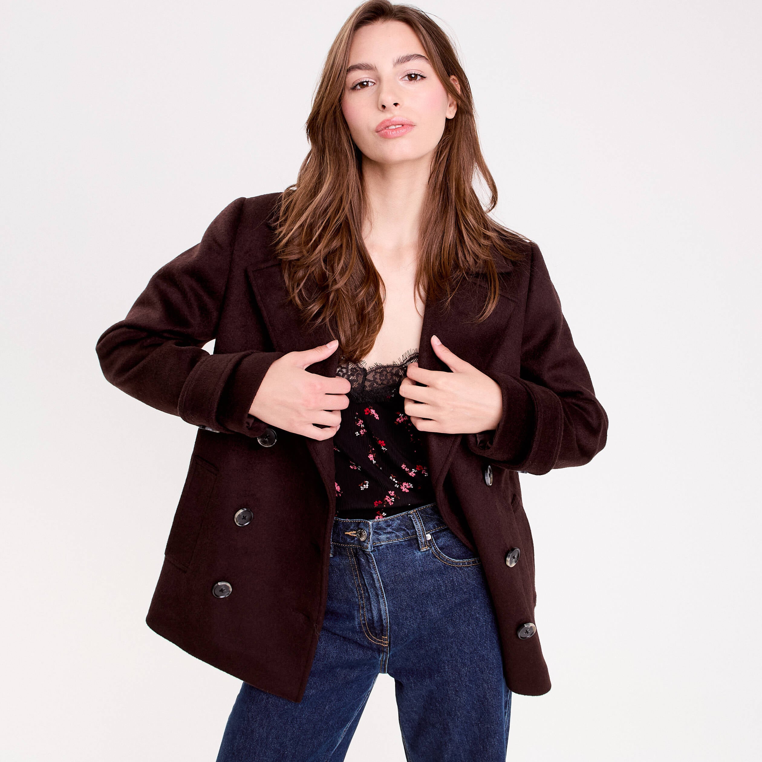 Caban col tailleur manches longues marron fonc&eacute; femme