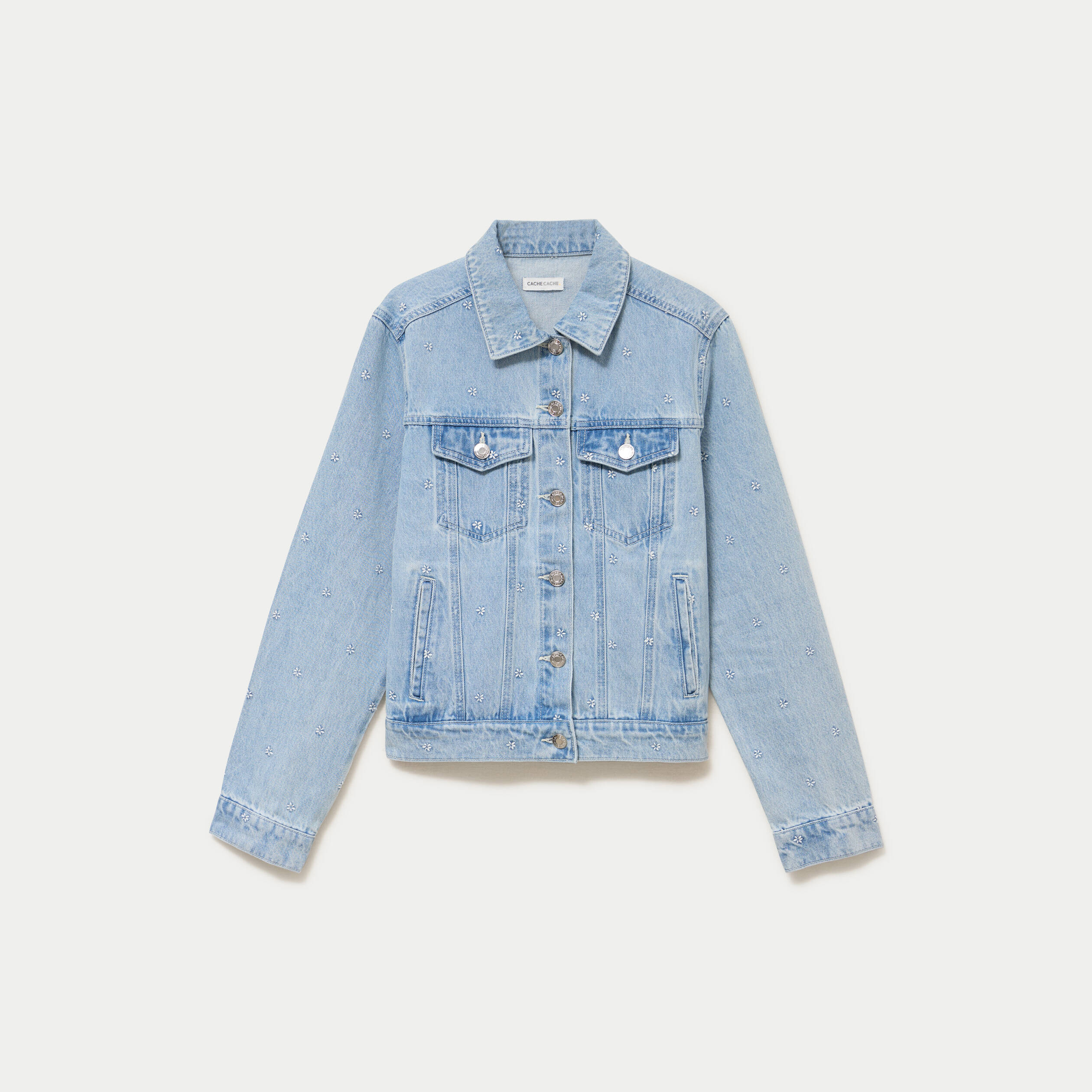 Veste jean droite courte col classique bleu clair femme