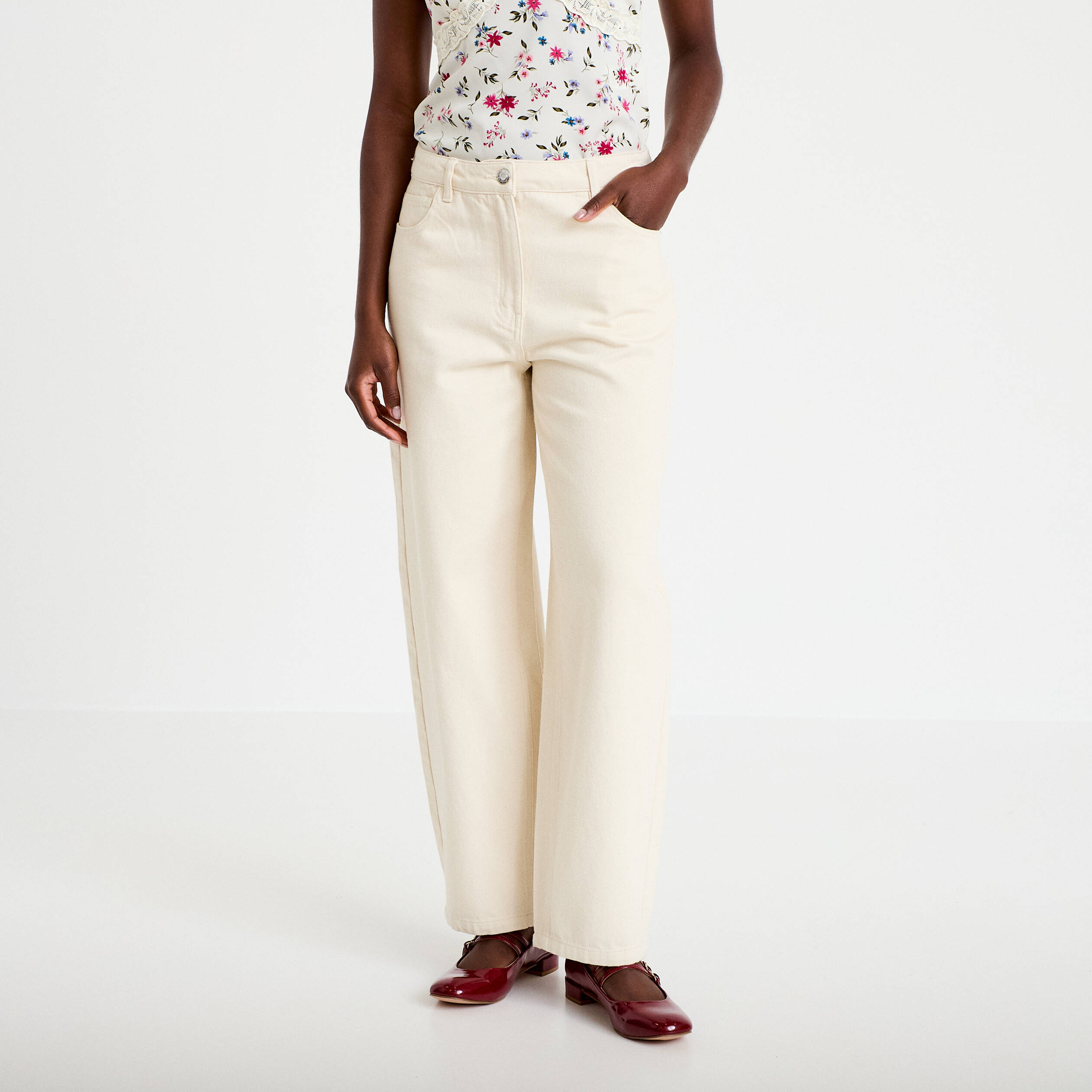 Pantalon balloon broderie taille basse ecru femme