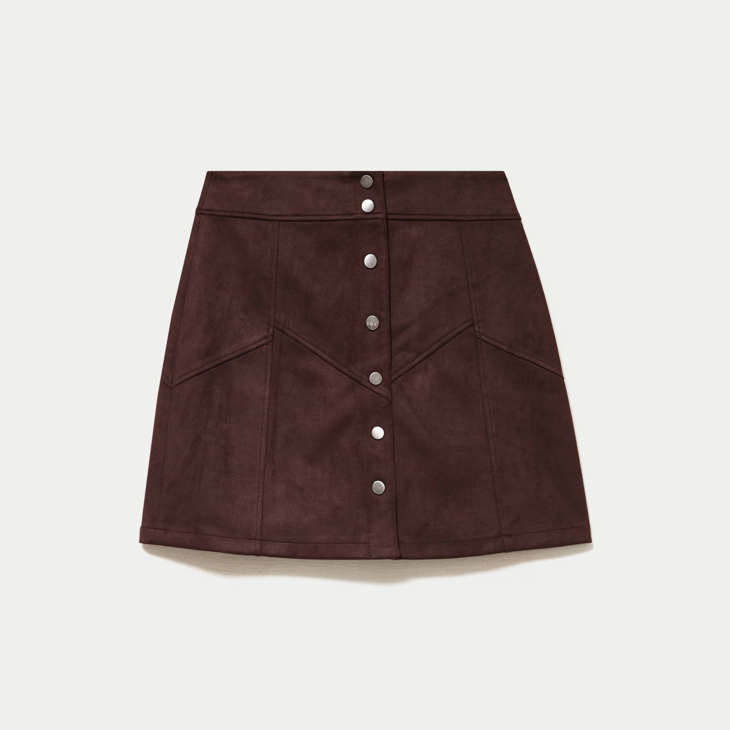 Jupe trap&egrave;ze courte aspect daim marron fonc&eacute; femme