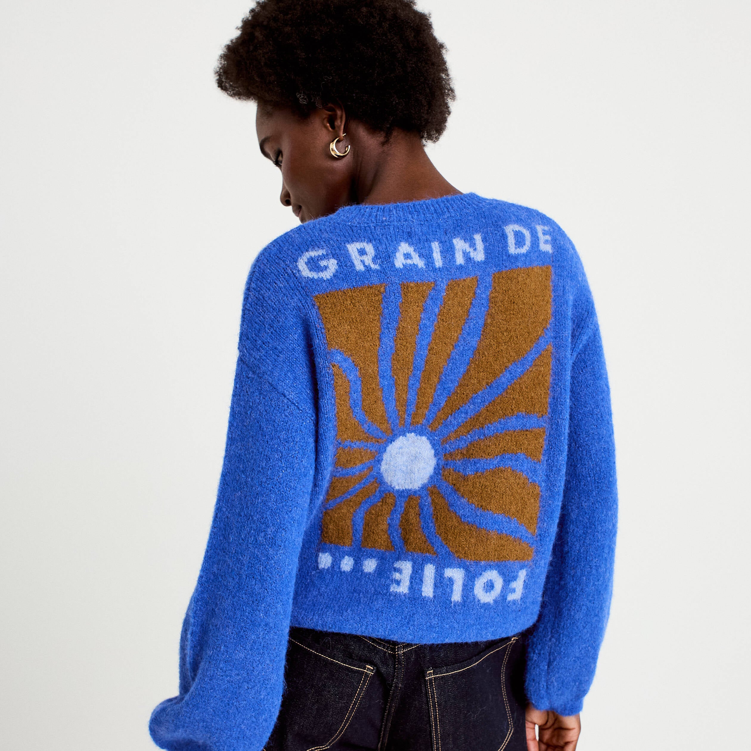 Pull ample col rond manches longues bleu electrique femme