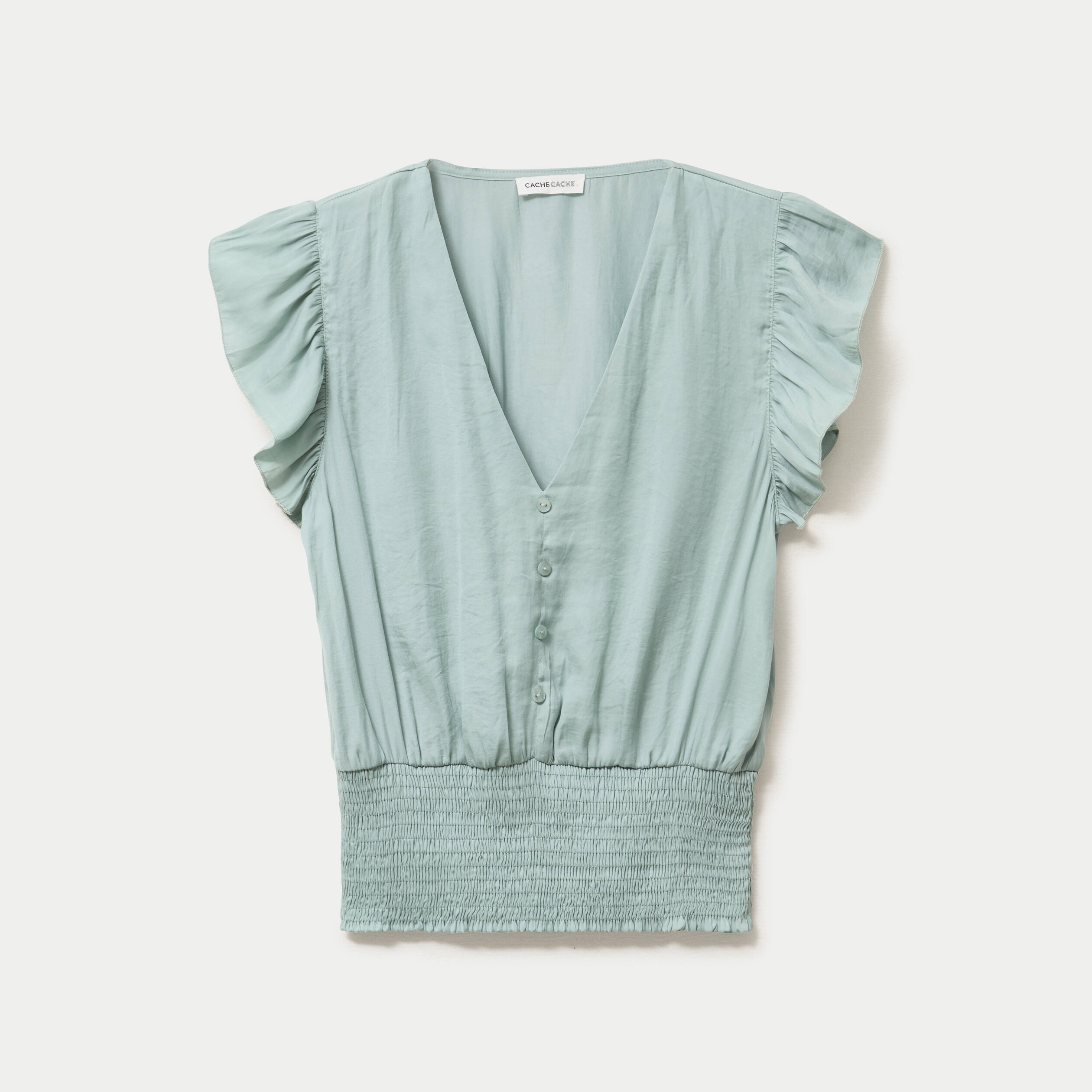 Blouse cintr&eacute;e col v manches courtes vert pastel femme