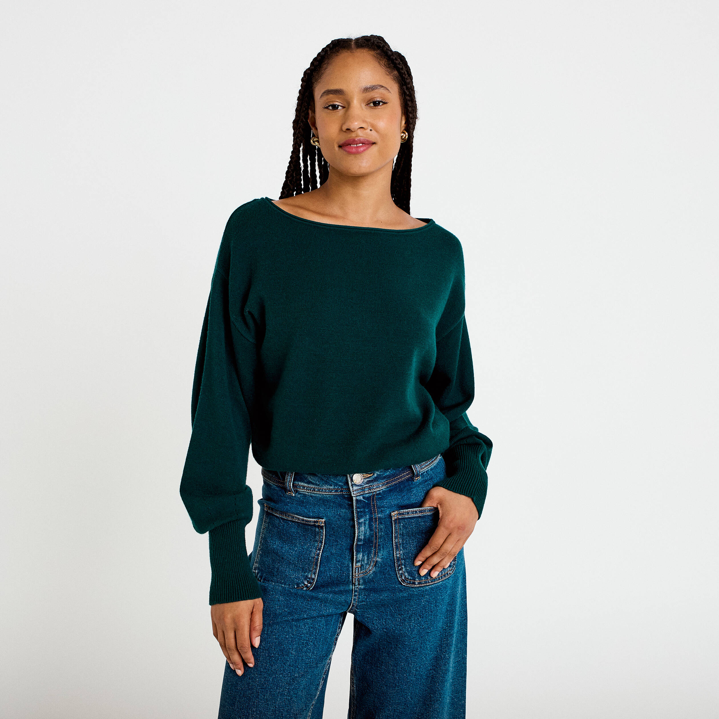 Pull oversize col bateau manches longues vert fonc&eacute; femme