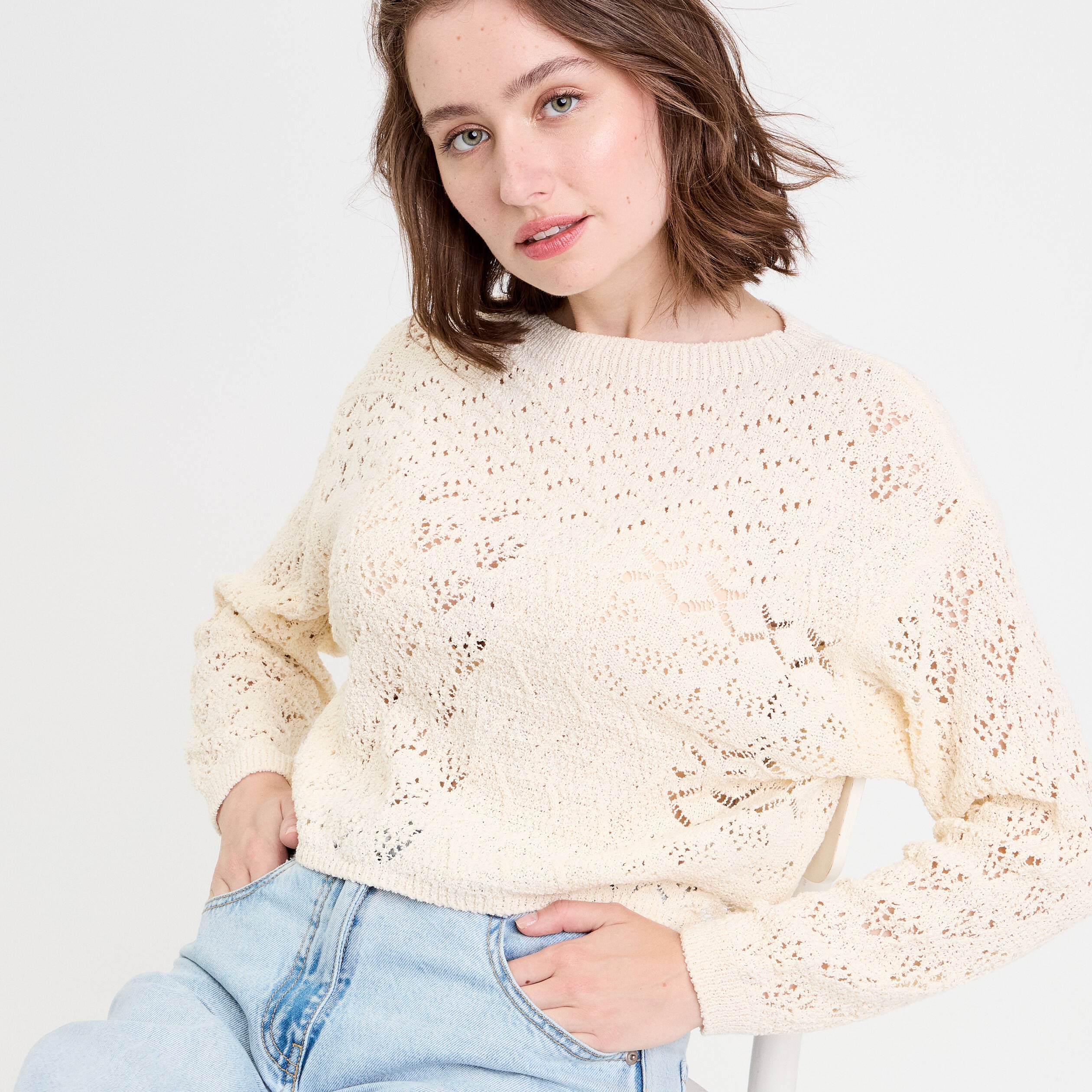 Pull manches longues ecru femme