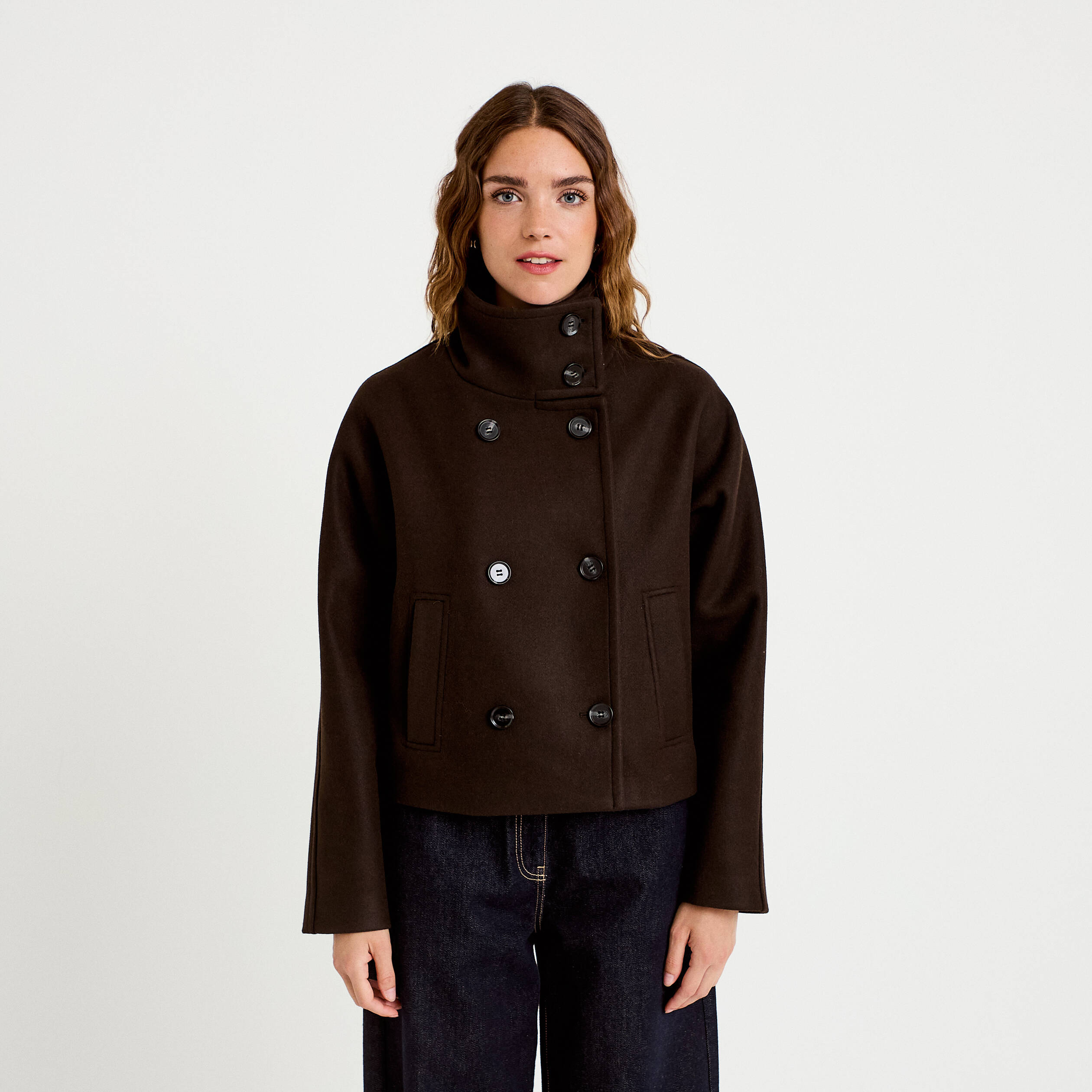 Caban court col montant marron fonc&eacute; femme