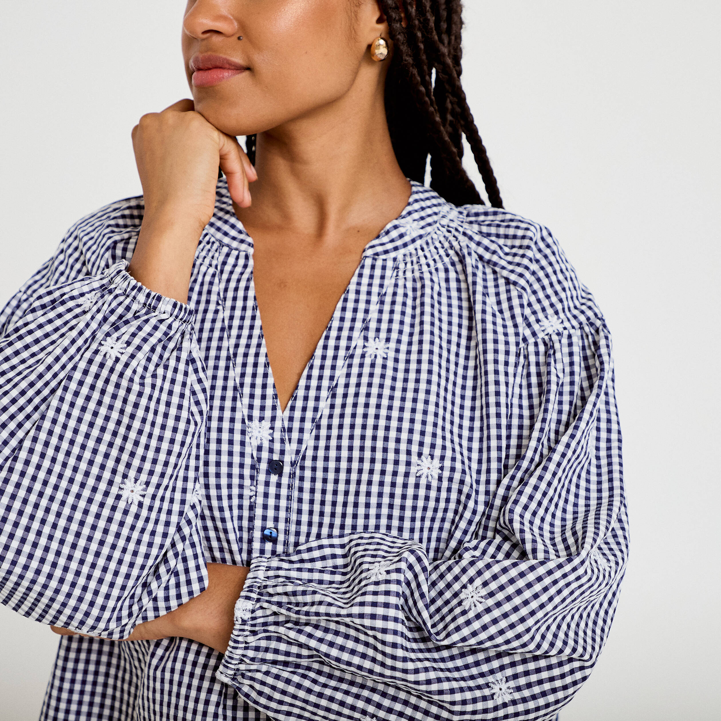 Blouse vichy brod&eacute;e bleu femme