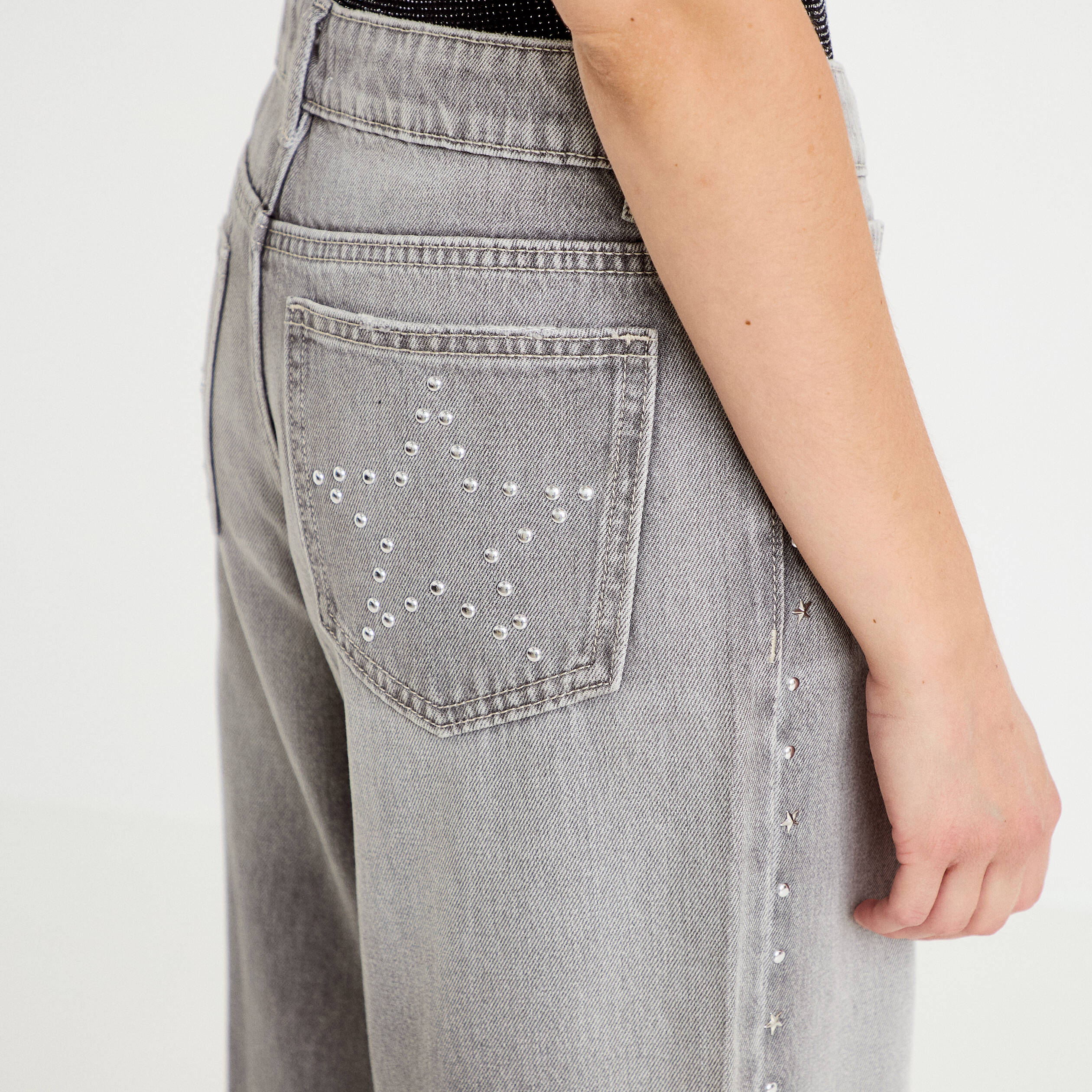 Jean wide leg taille basse denim gris clair femme