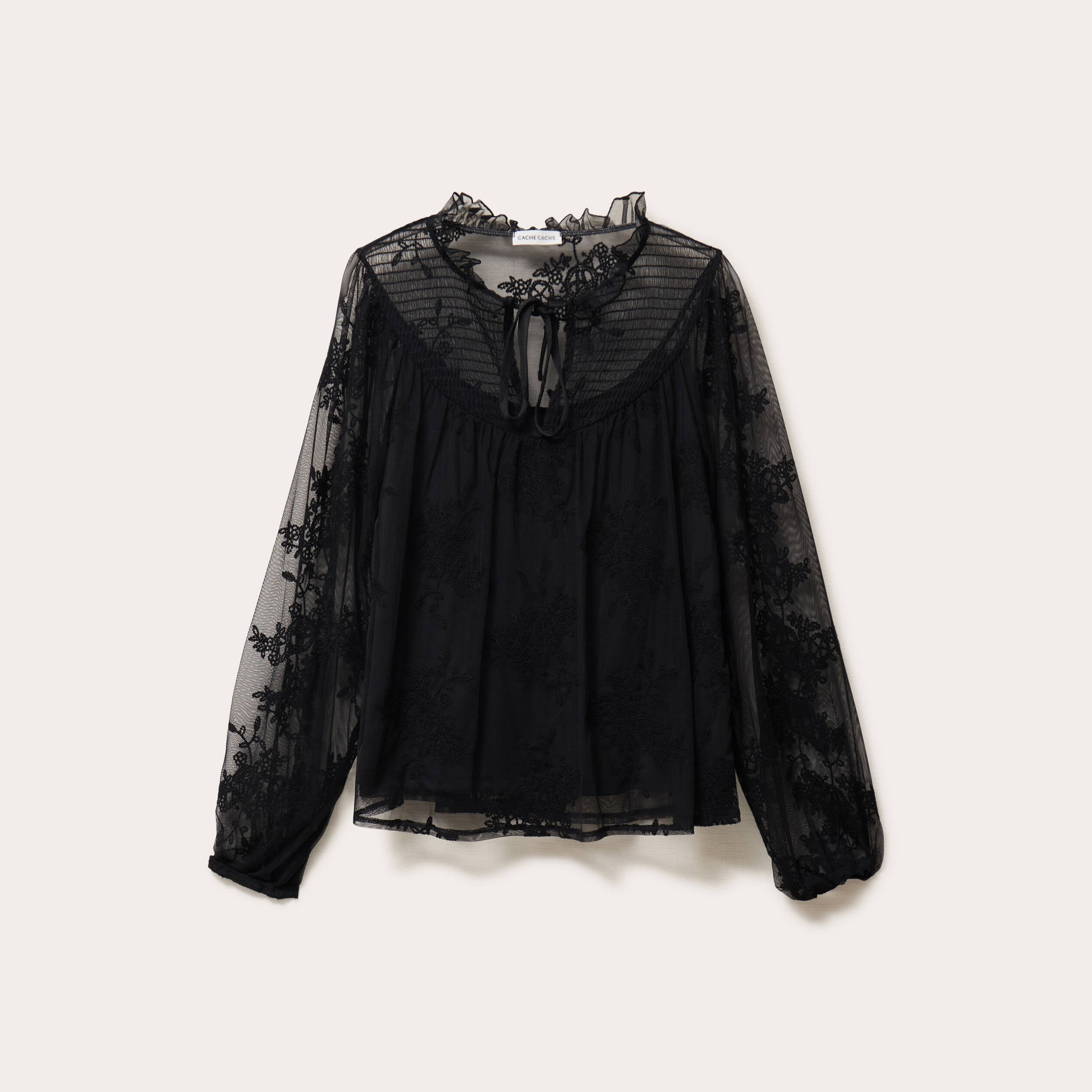 Blouse dentelle manches longues noir femme