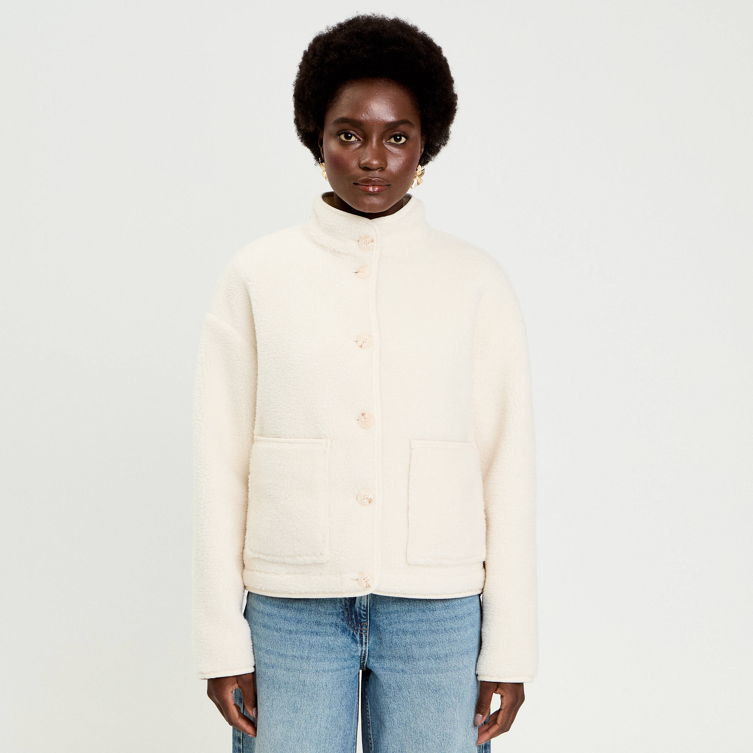 Veste droite courte effet polaire ecru femme