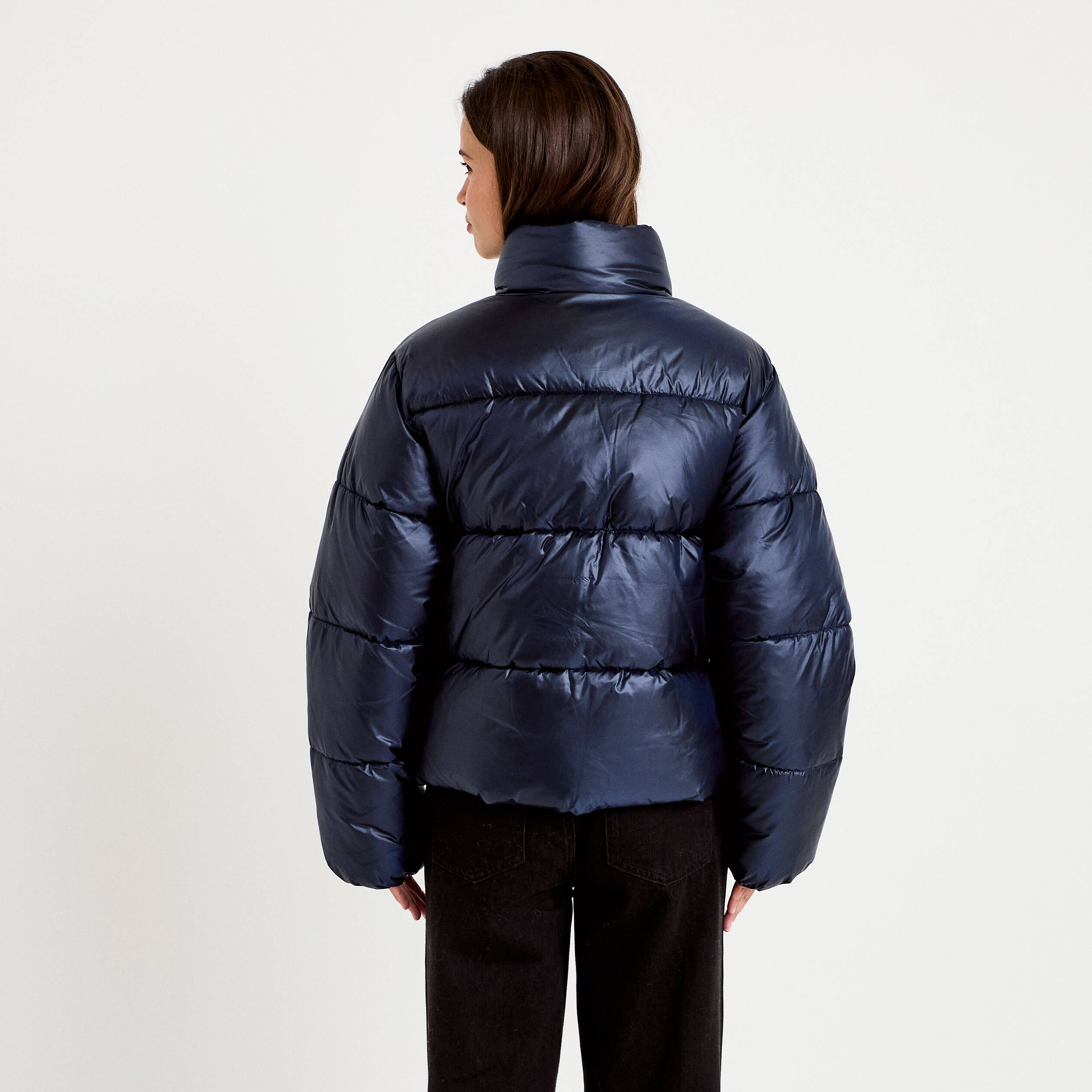 Doudoune col montant bas resserr&eacute; bleu marine femme