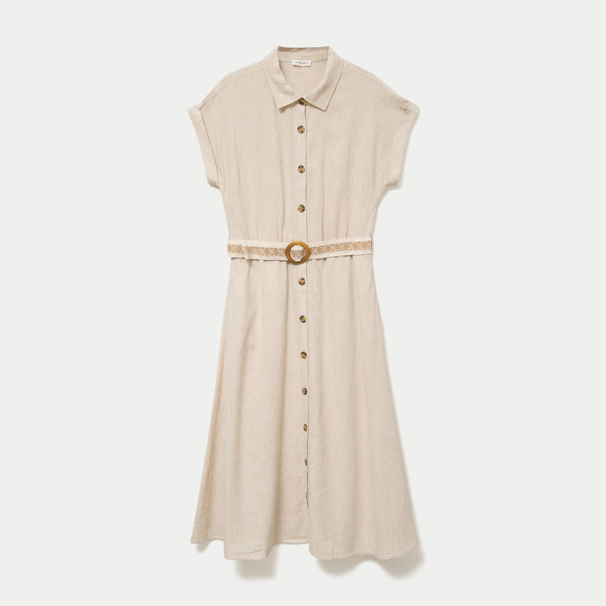 Robe &eacute;vas&eacute;e 3/4 col chemise ceinture beige femme
