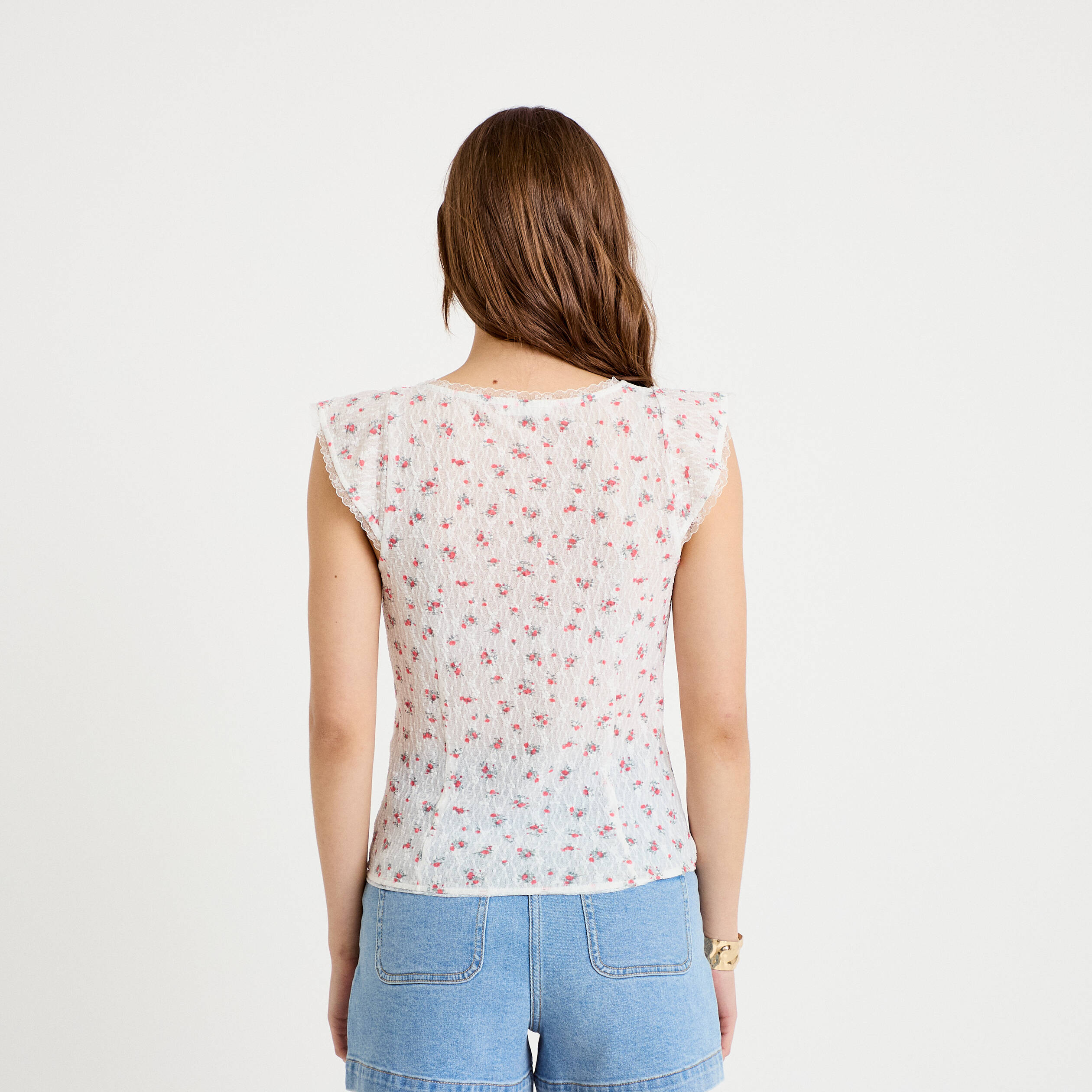 Top boutonn&eacute; d&eacute;tails dentelle blanc femme
