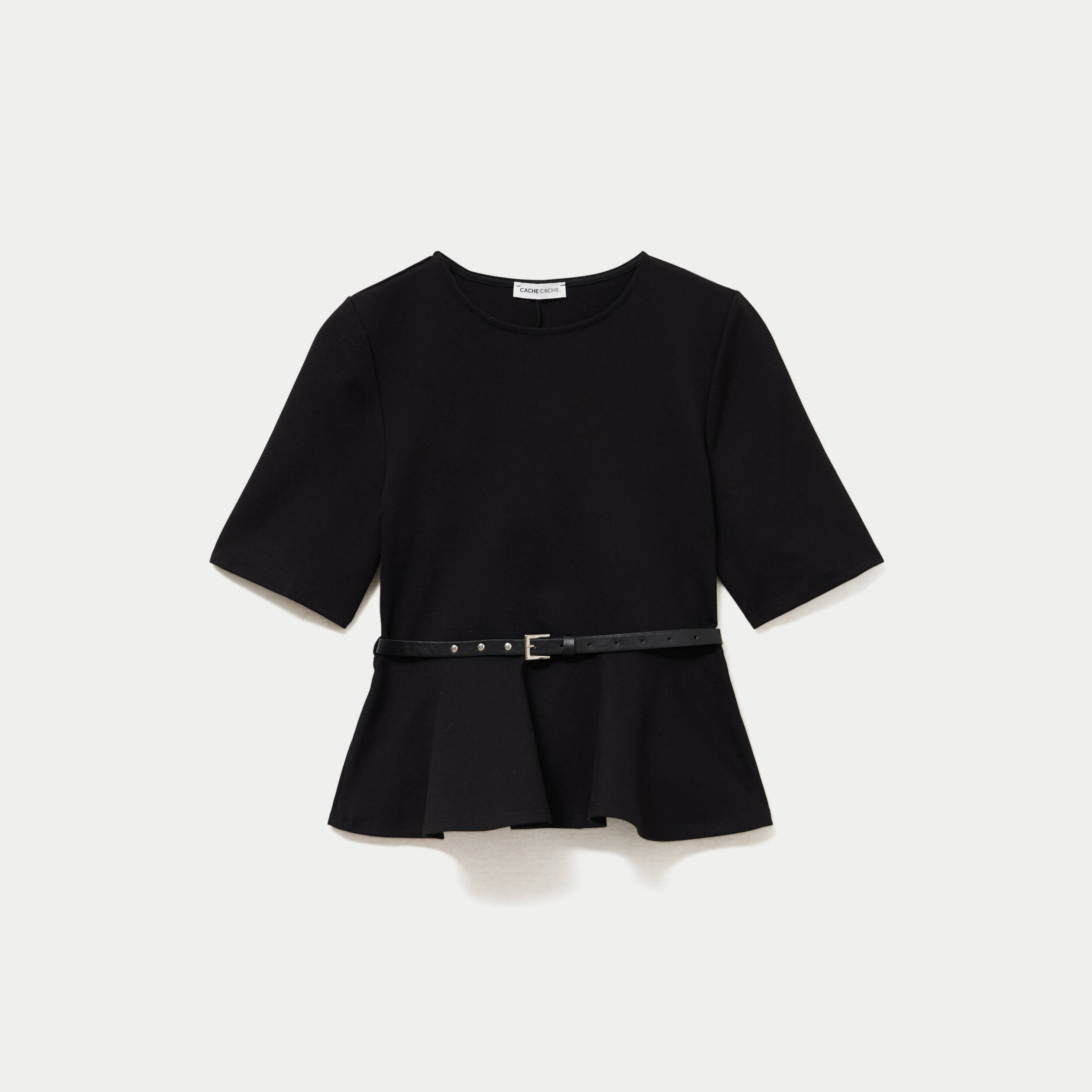 Top p&eacute;plum ceintur&eacute; manches courtes noir femme