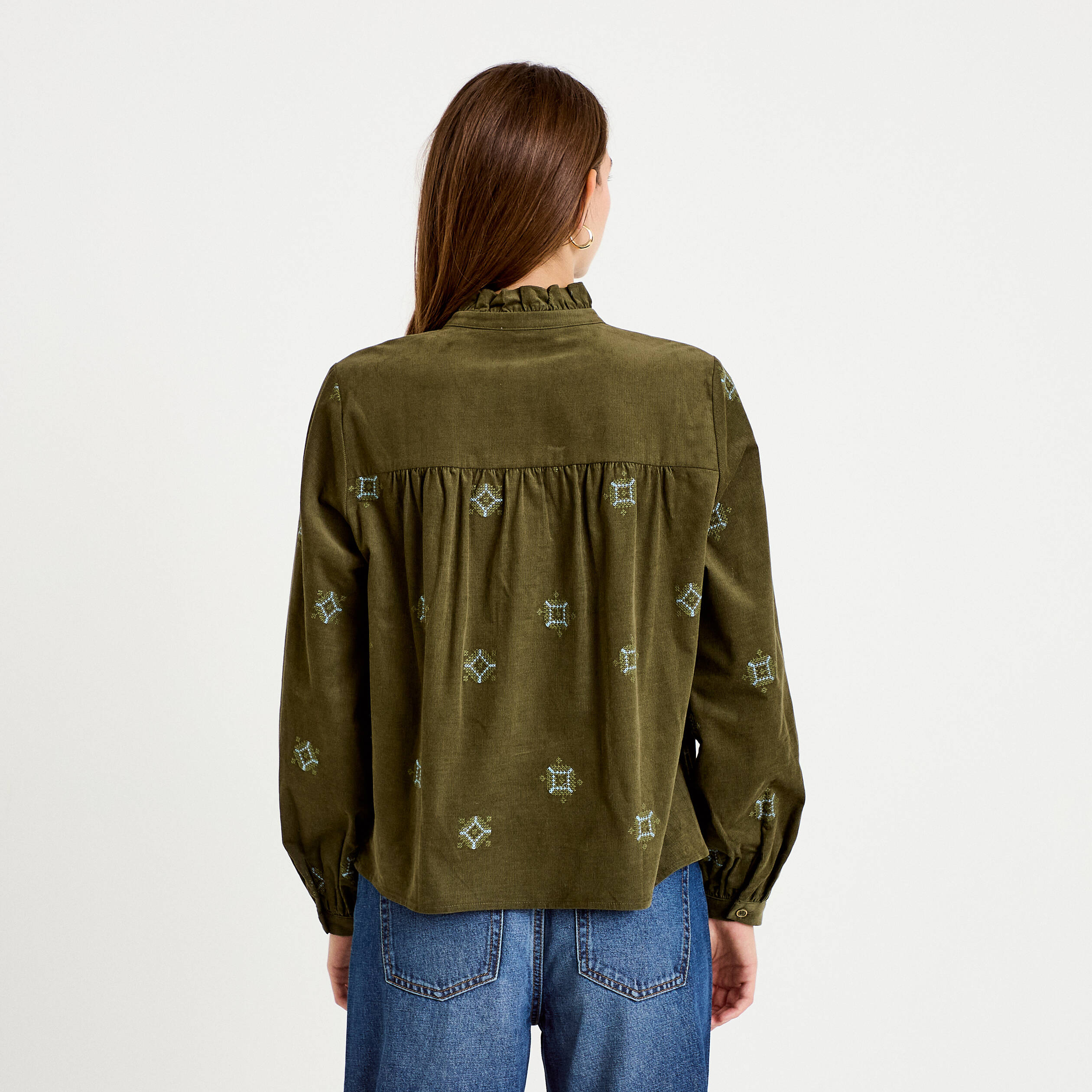 Chemise droite velours col montant vert kaki femme