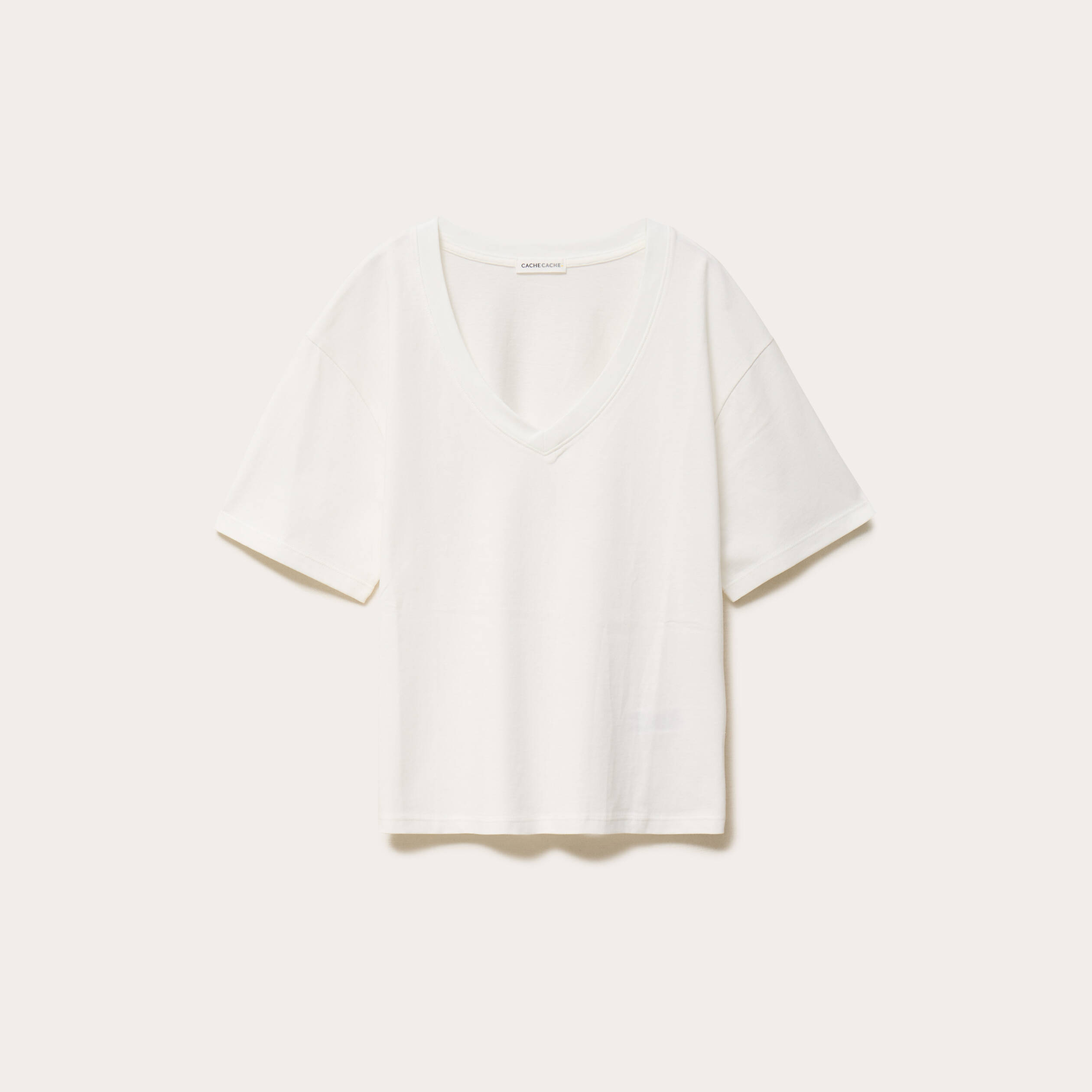 T-shirt col v manches courtes ecru femme