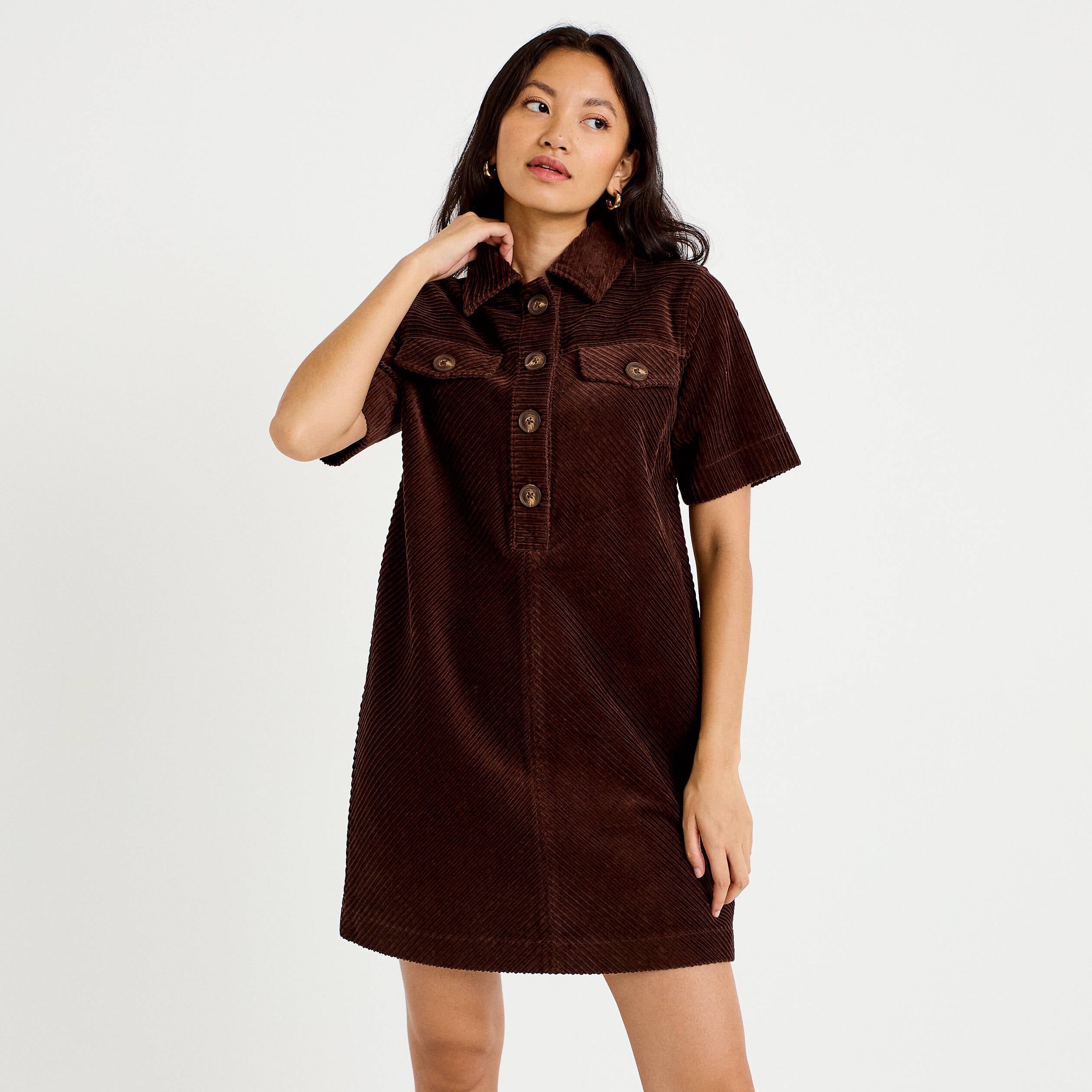 Robe courte droite en velours coton marron fonc&eacute; femme