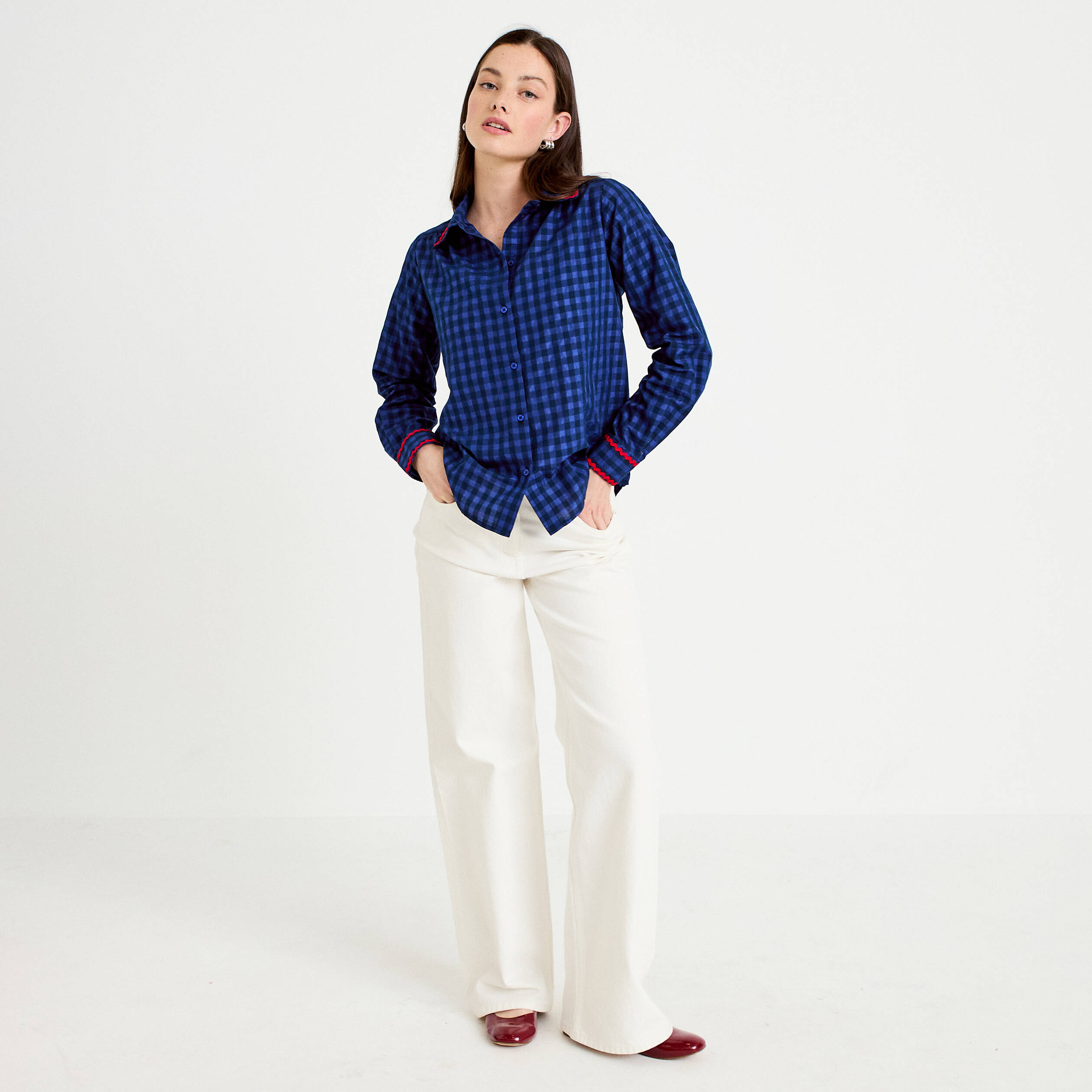 Chemise droite vichy col claudine bleu electrique femme
