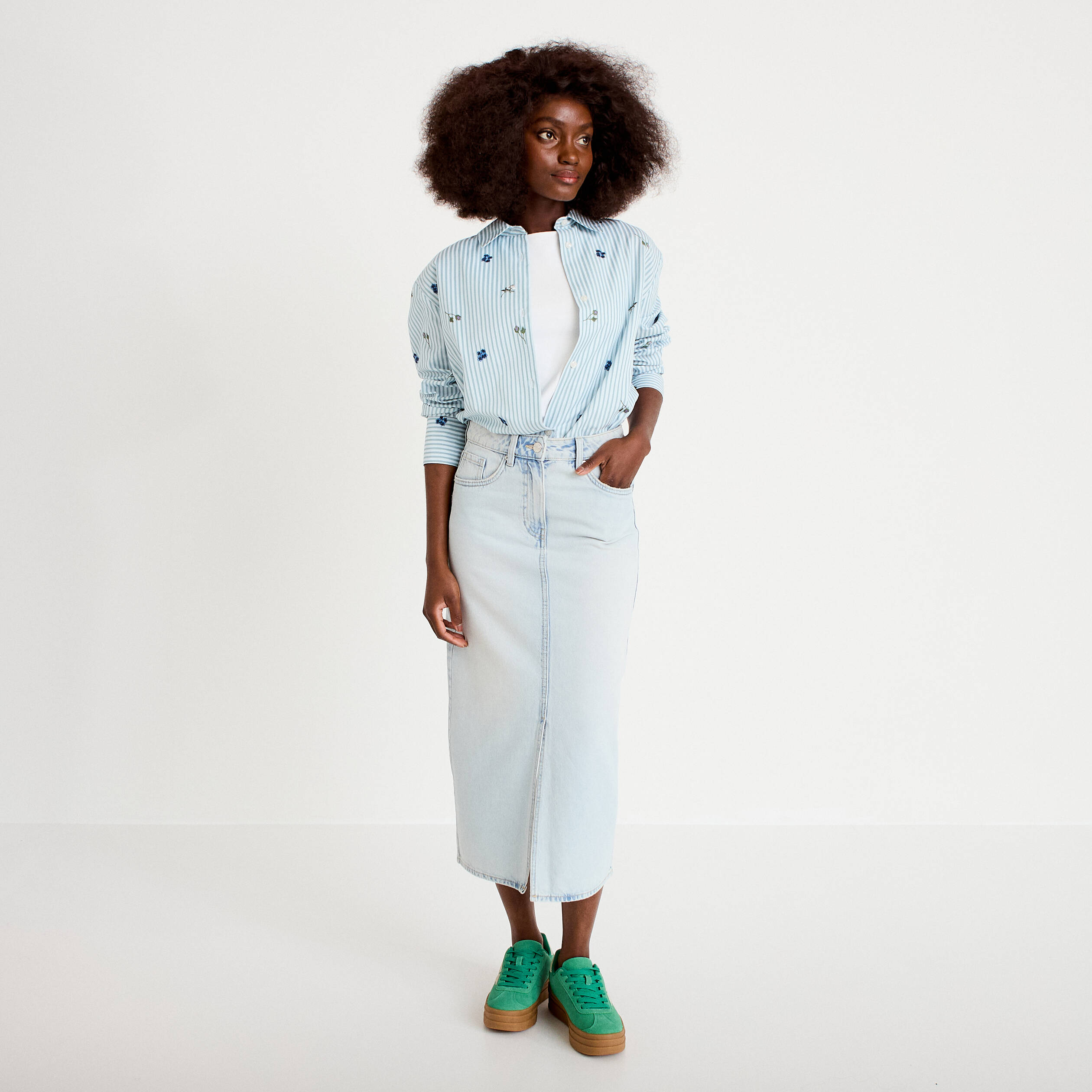 Jupe droite midi en jean 5 poches denim bleach femme