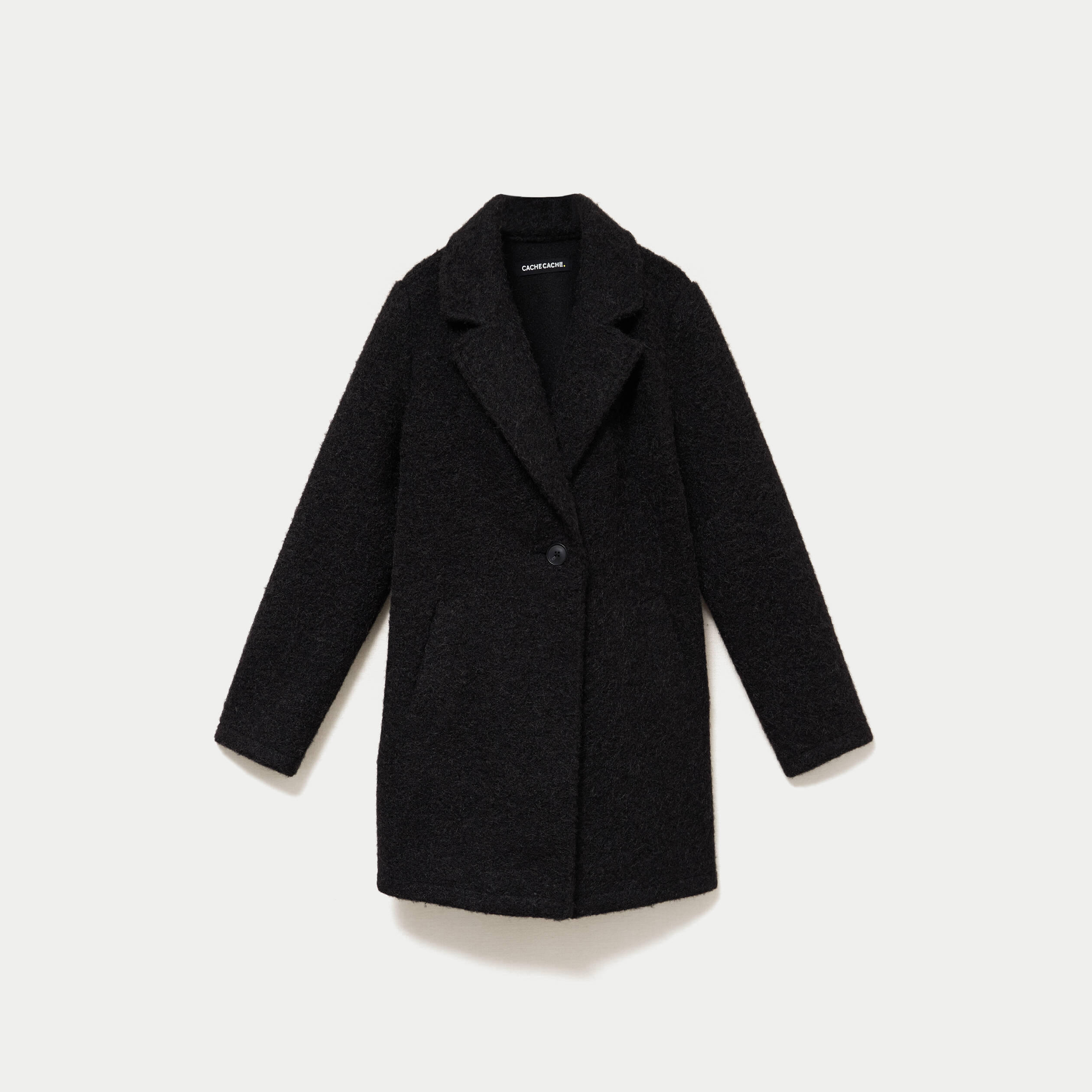Manteau droit mi-long col tailleur noir femme