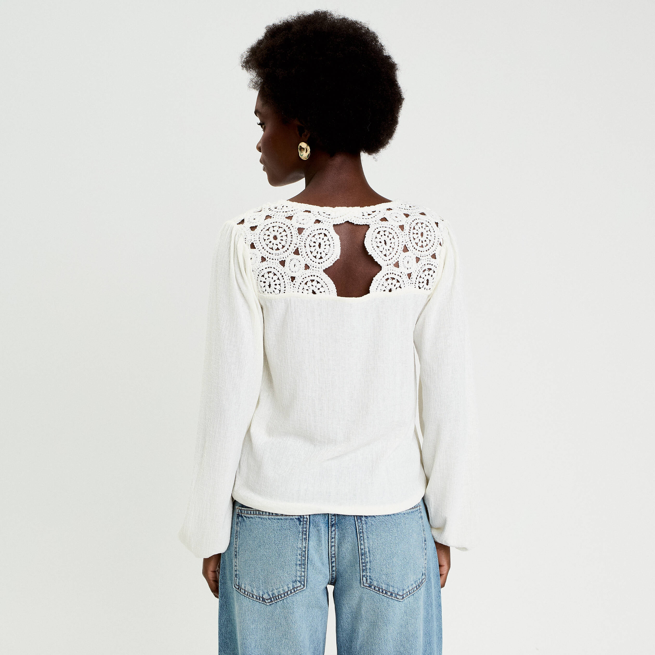 Blouse macram&eacute; bas &eacute;lastiqu&eacute; ecru femme