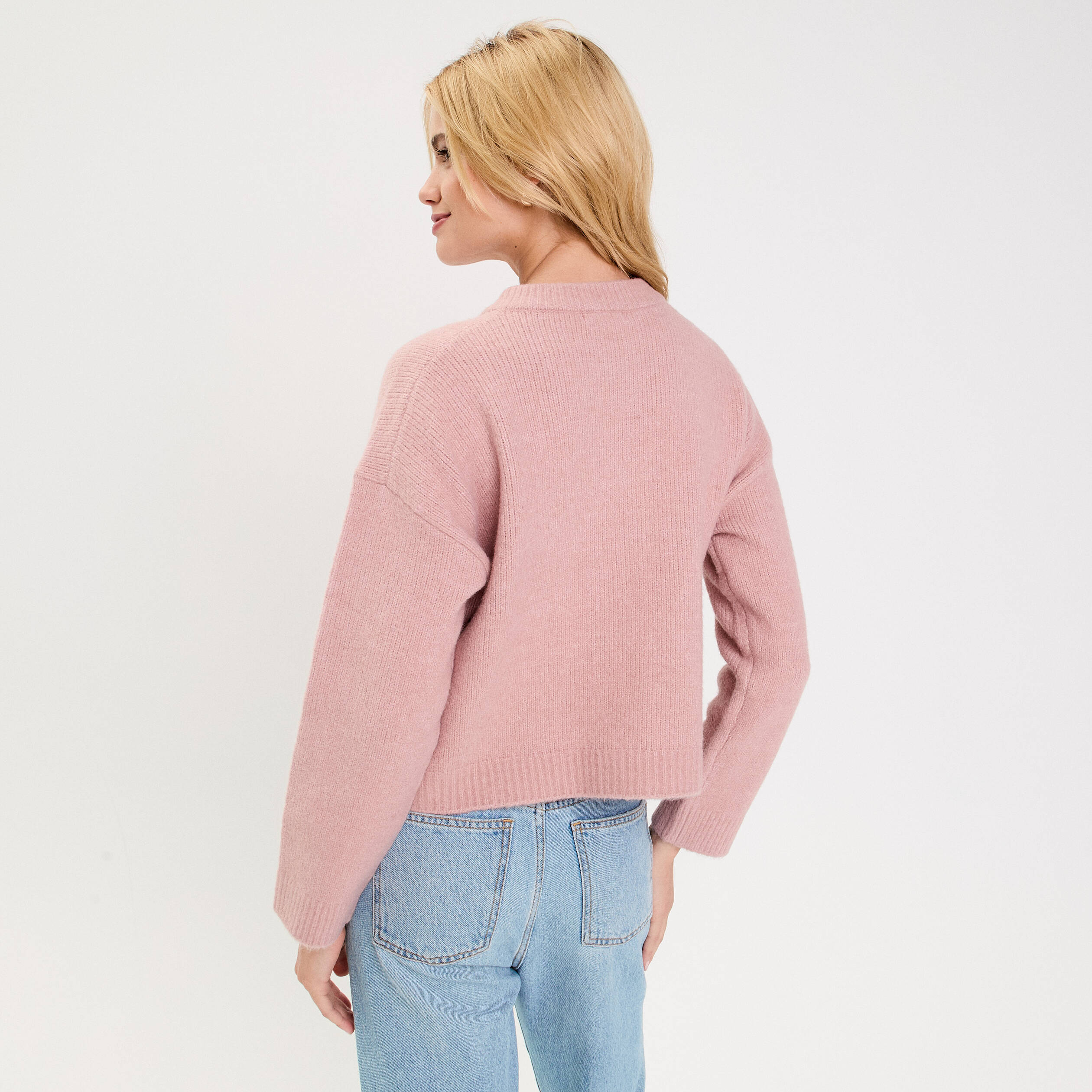 Gilet bouclette col rond manches longues rose poudr&eacute;e femme