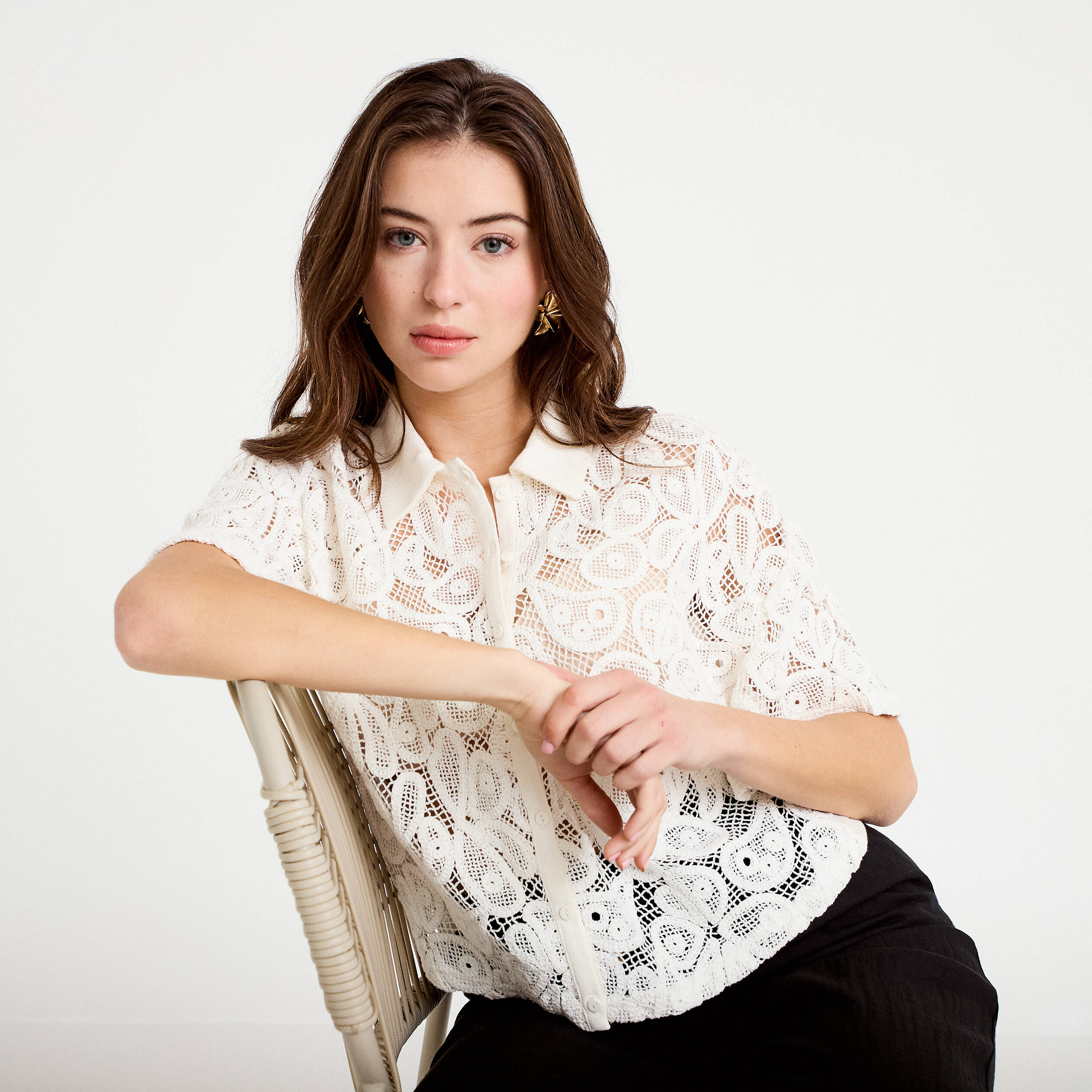 Chemise macram&eacute; manches courtes ecru femme