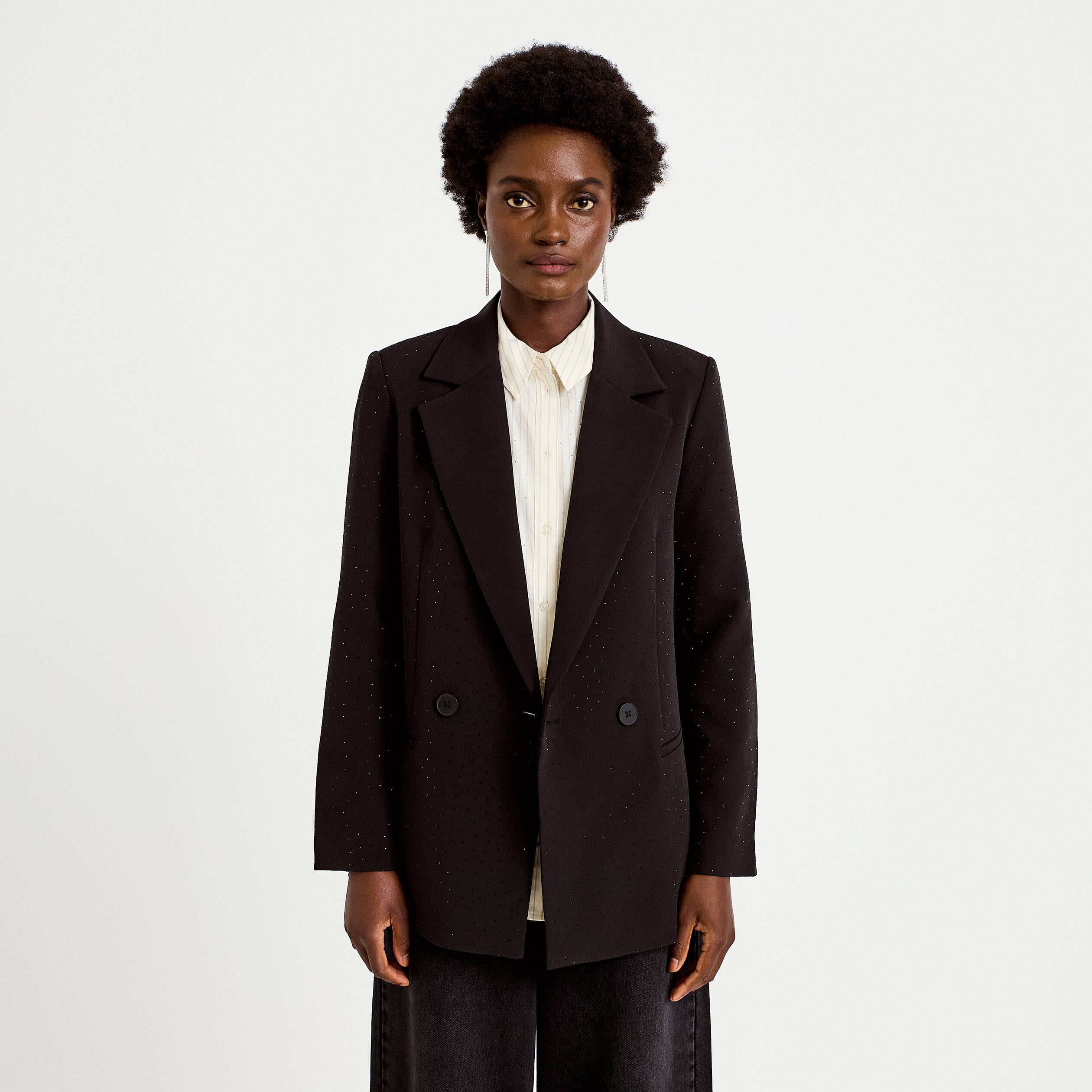 Blazer oversize brillant manches longues noir femme