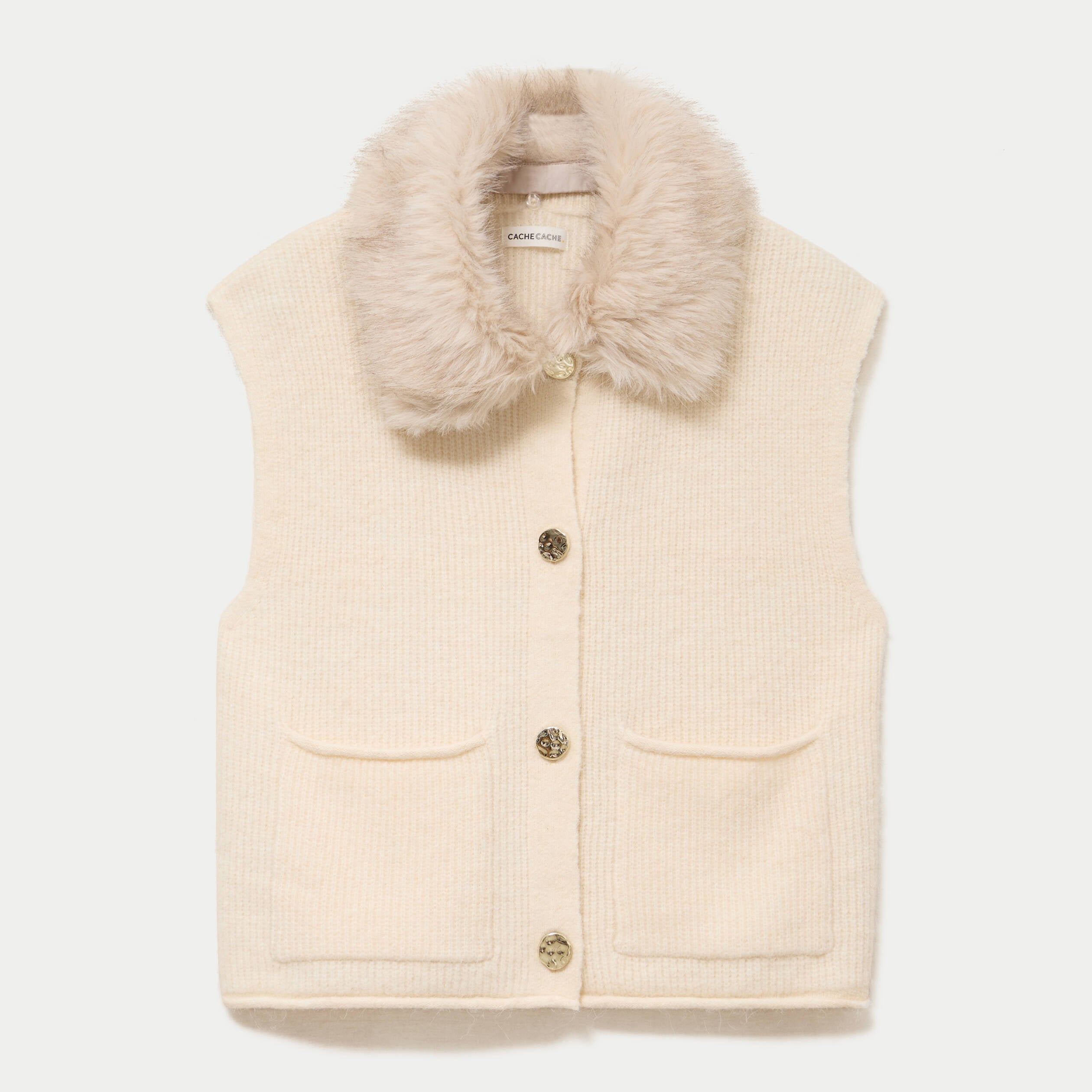 Gilet manches courtes fausse fourrure ecru femme