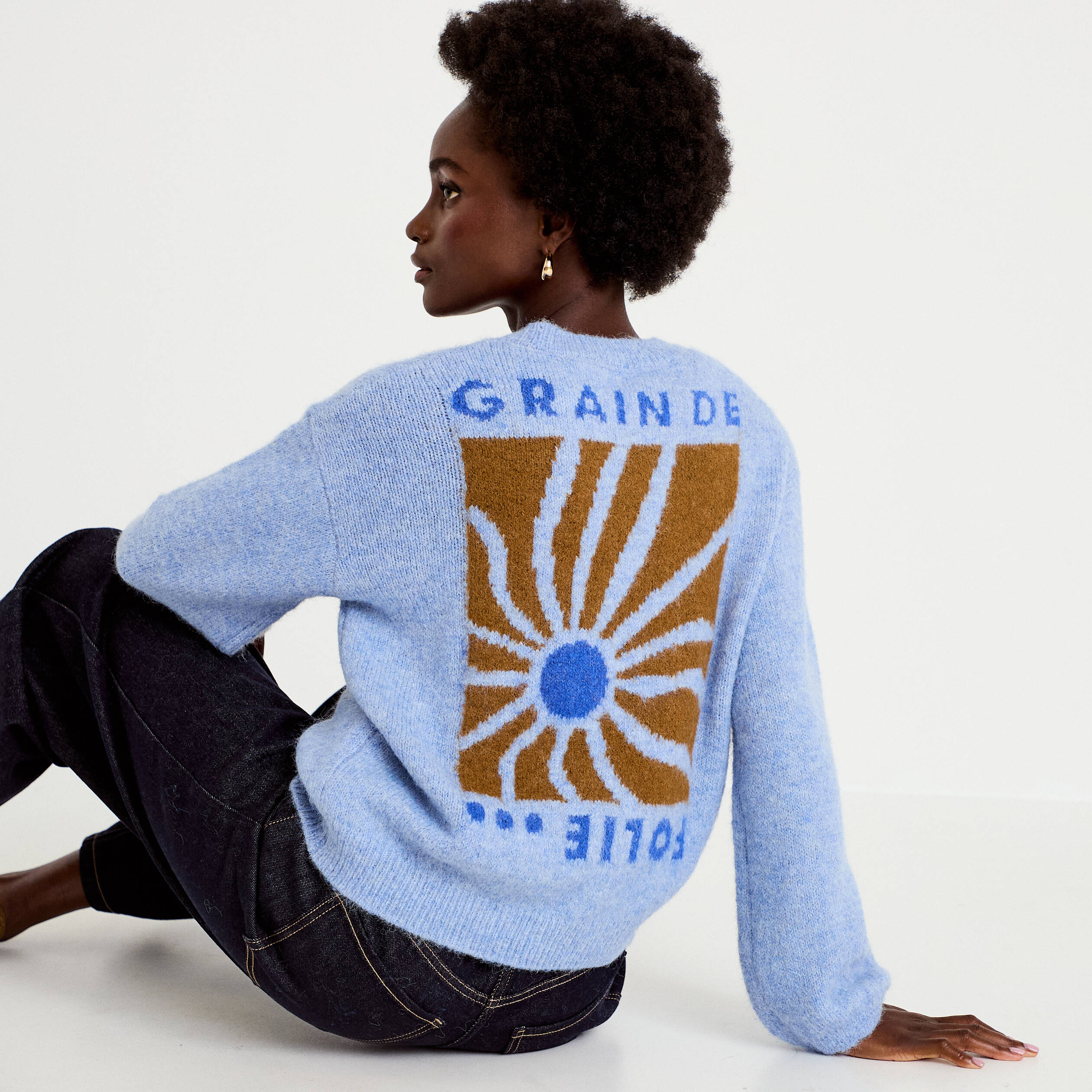Pull ample col rond manches longues bleu ciel femme