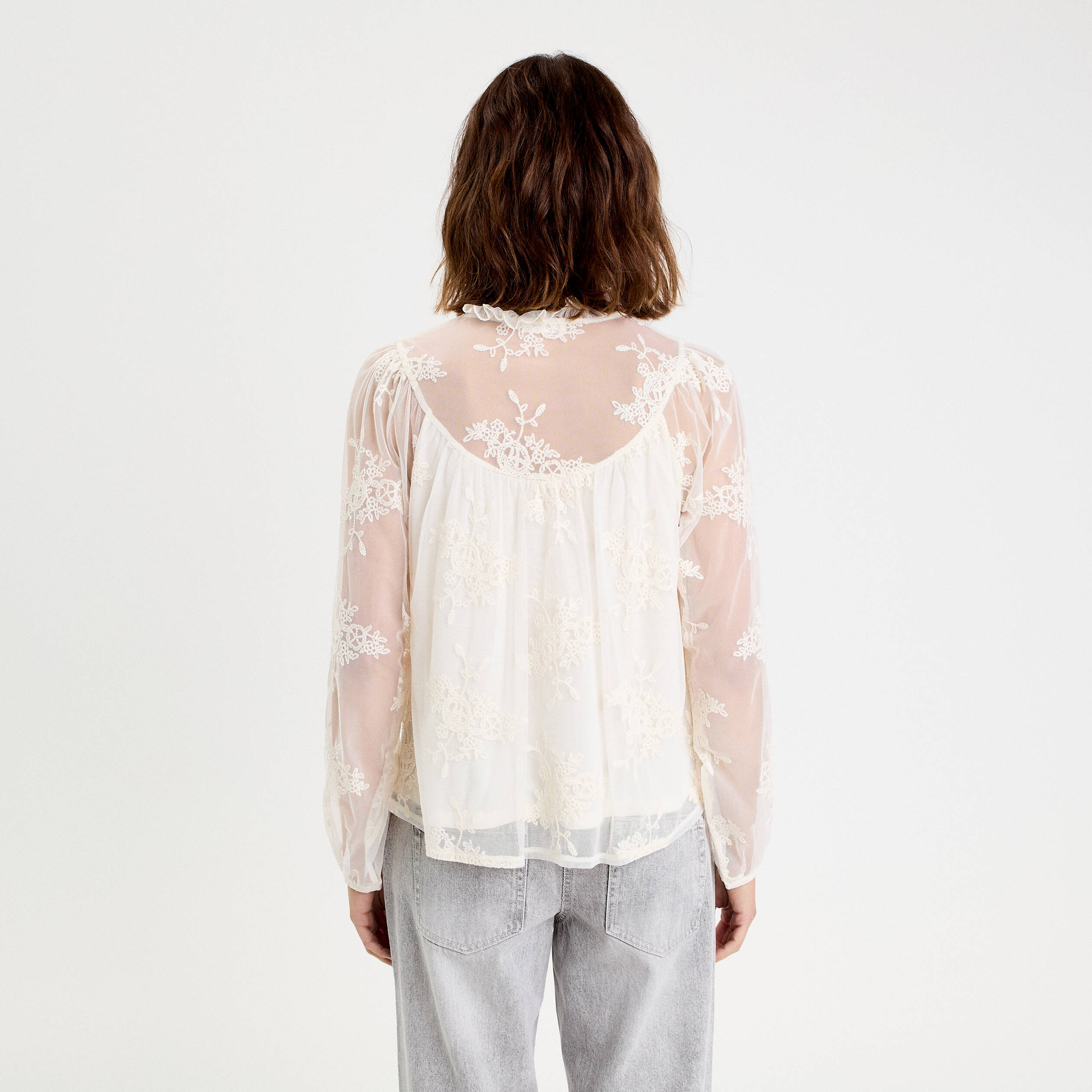 Blouse dentelle manches longues ecru femme