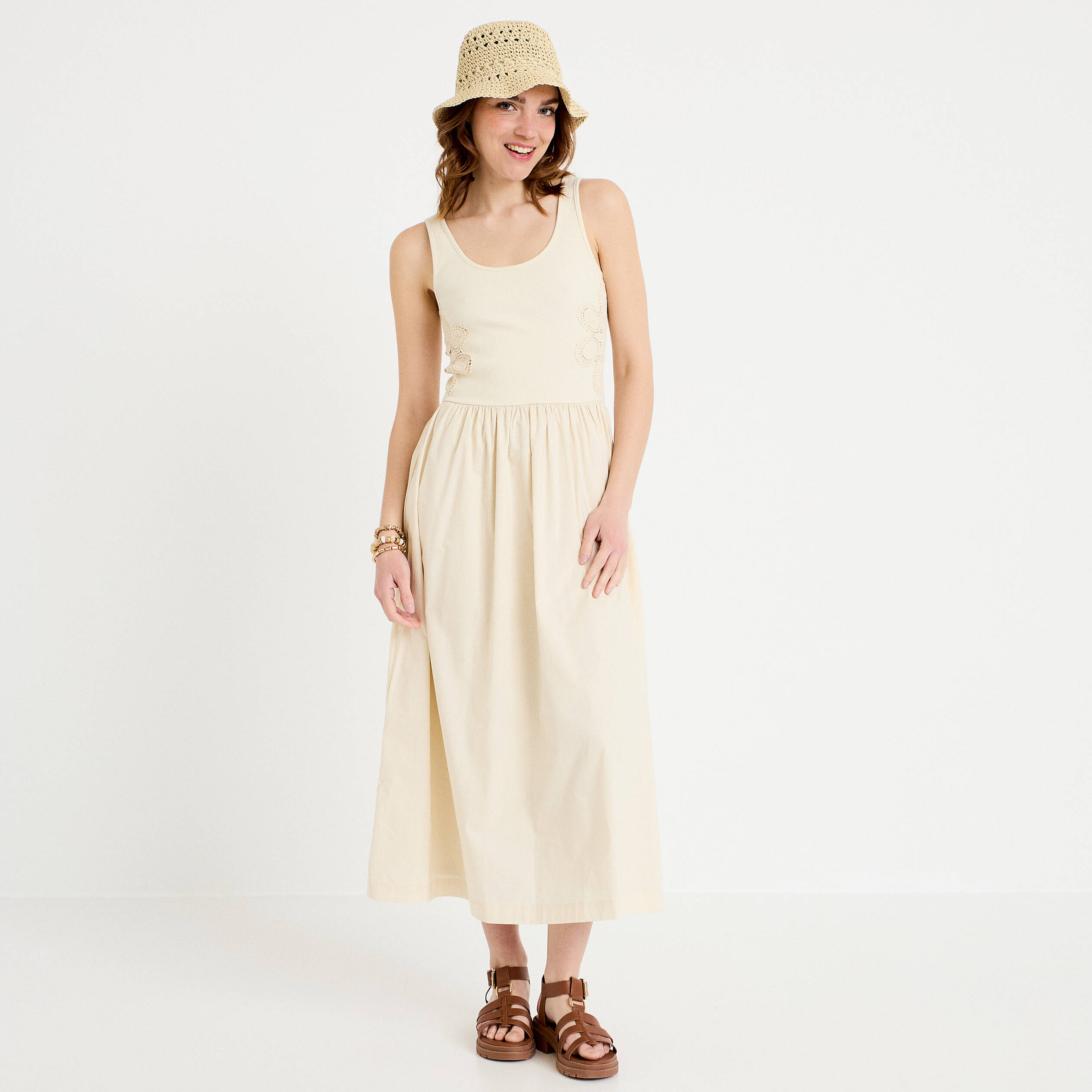 Robe longue &eacute;vas&eacute;e bi-mati&egrave;re ecru femme