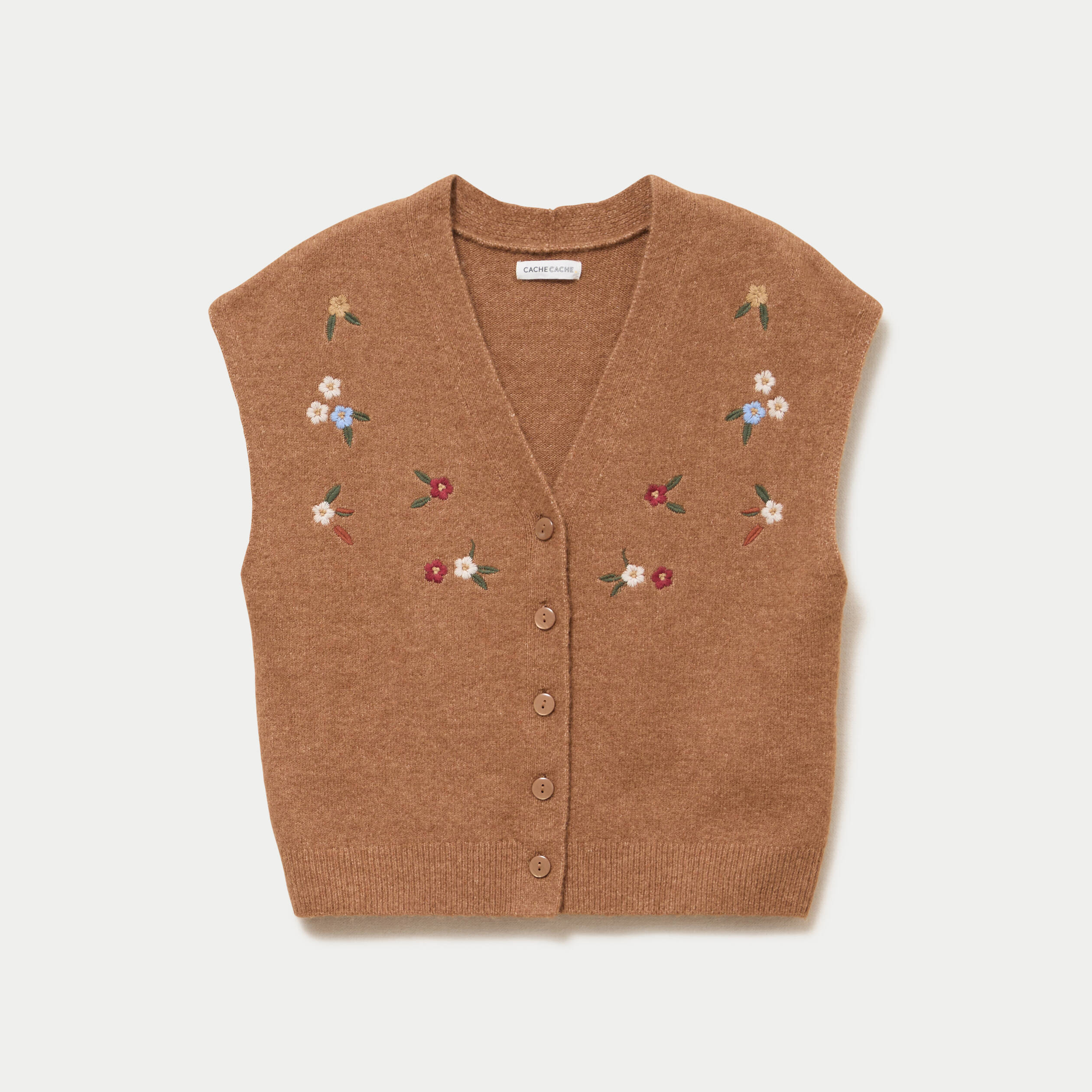 Gilet sans manches col v broderie marron femme