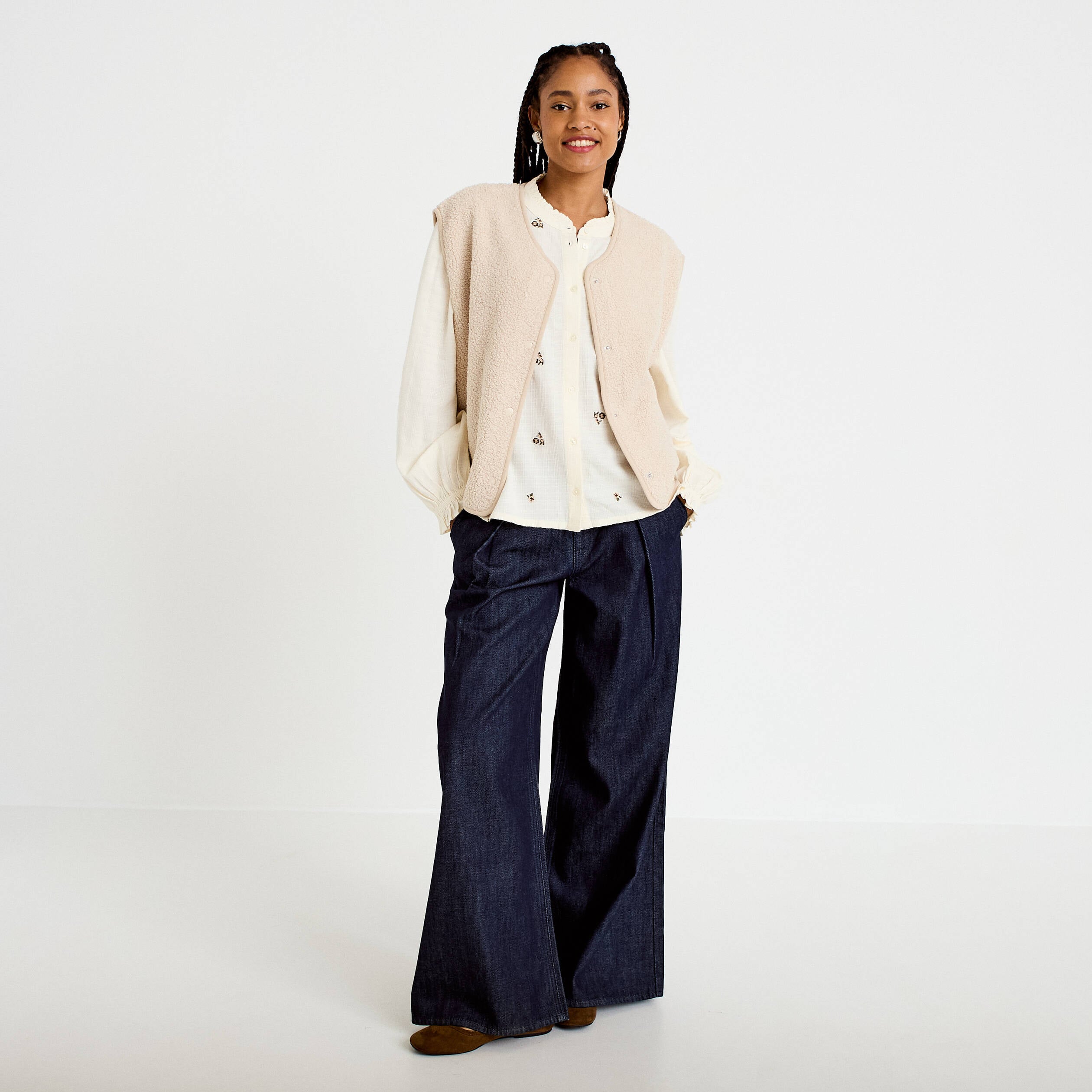 Gilet sans manches effet polaire ecru femme