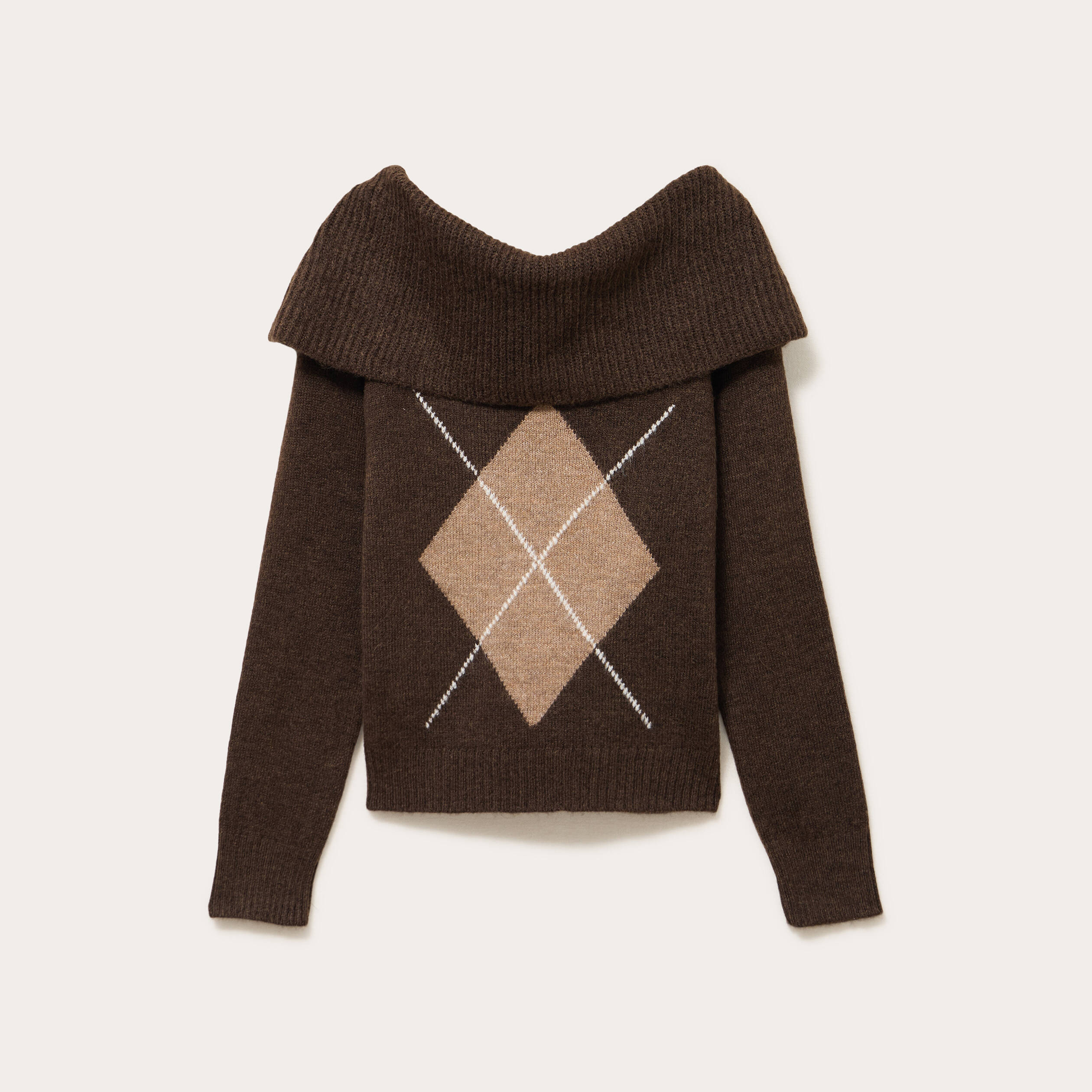 Pull col bardot &agrave; motif manches longues marron femme