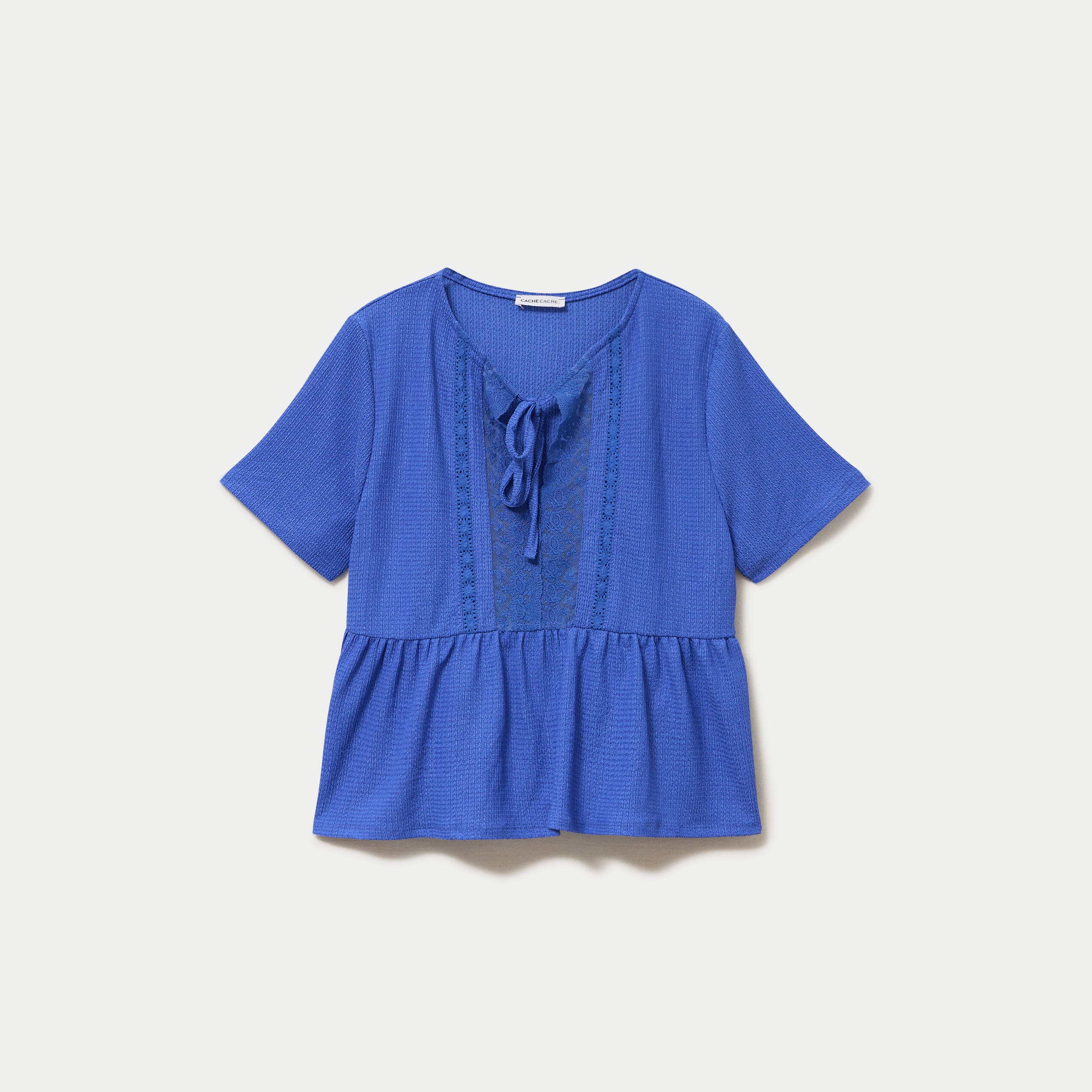 Blouse col v manches courtes dentelle bleu electrique femme