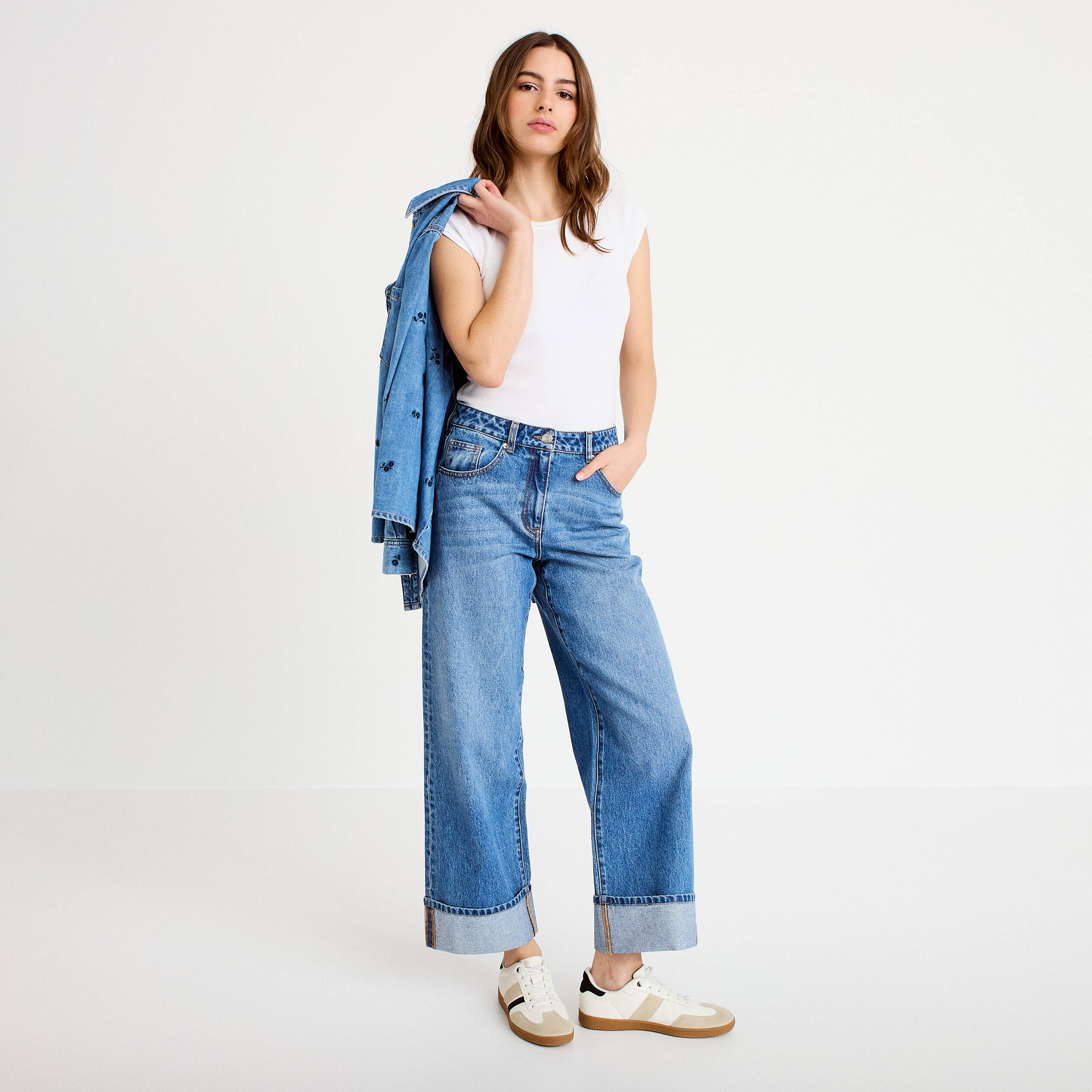 Jeans droit &agrave; revers denim double stone femme