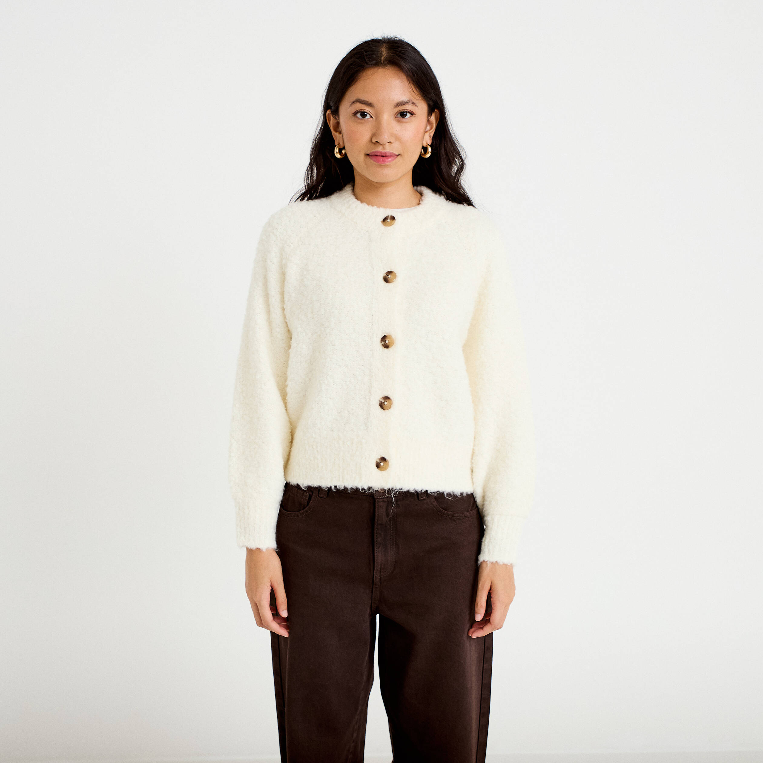 Gilet bouclette col rond manches longues ivoire femme