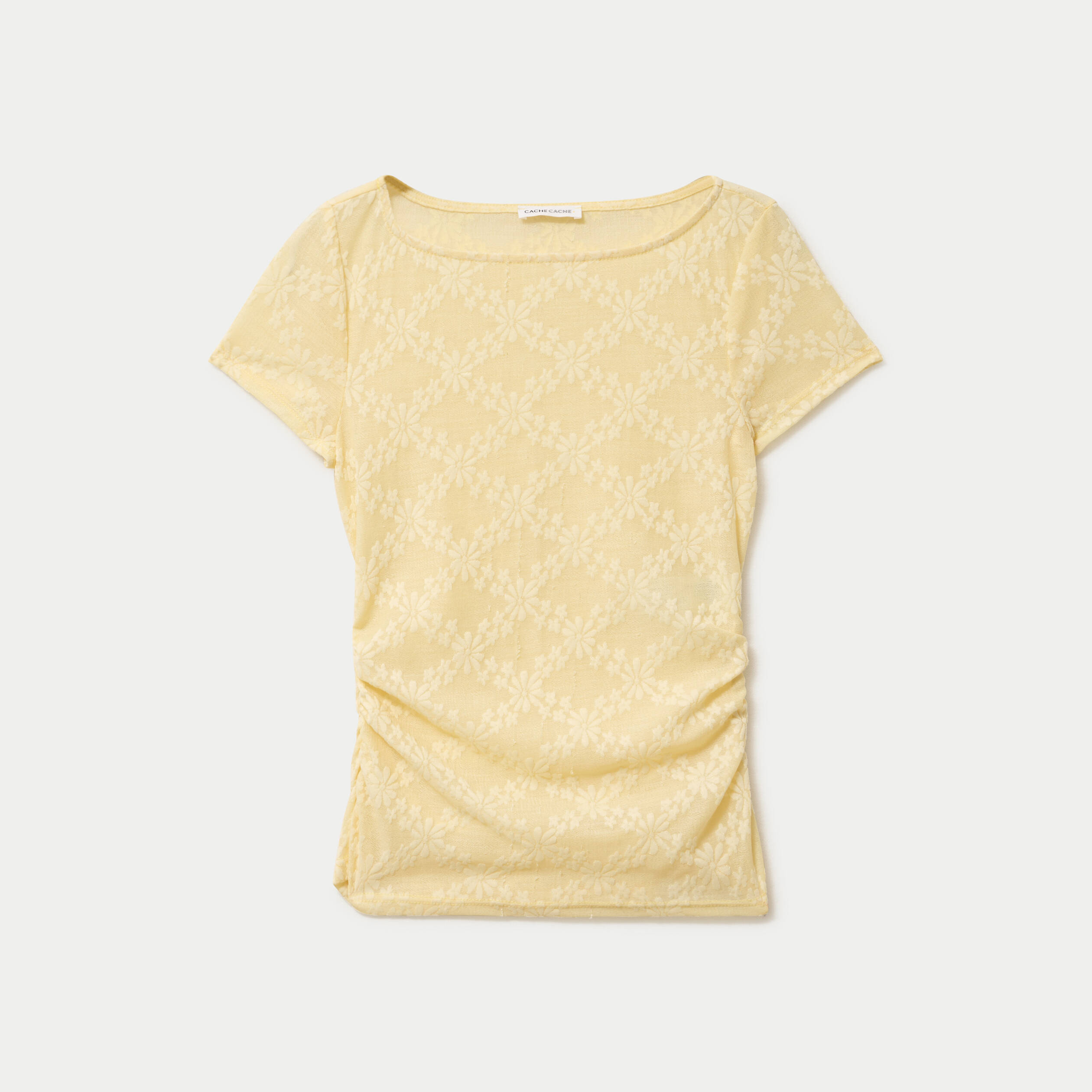 T-shirt ajust&eacute; dentelle col bateau jaune clair femme