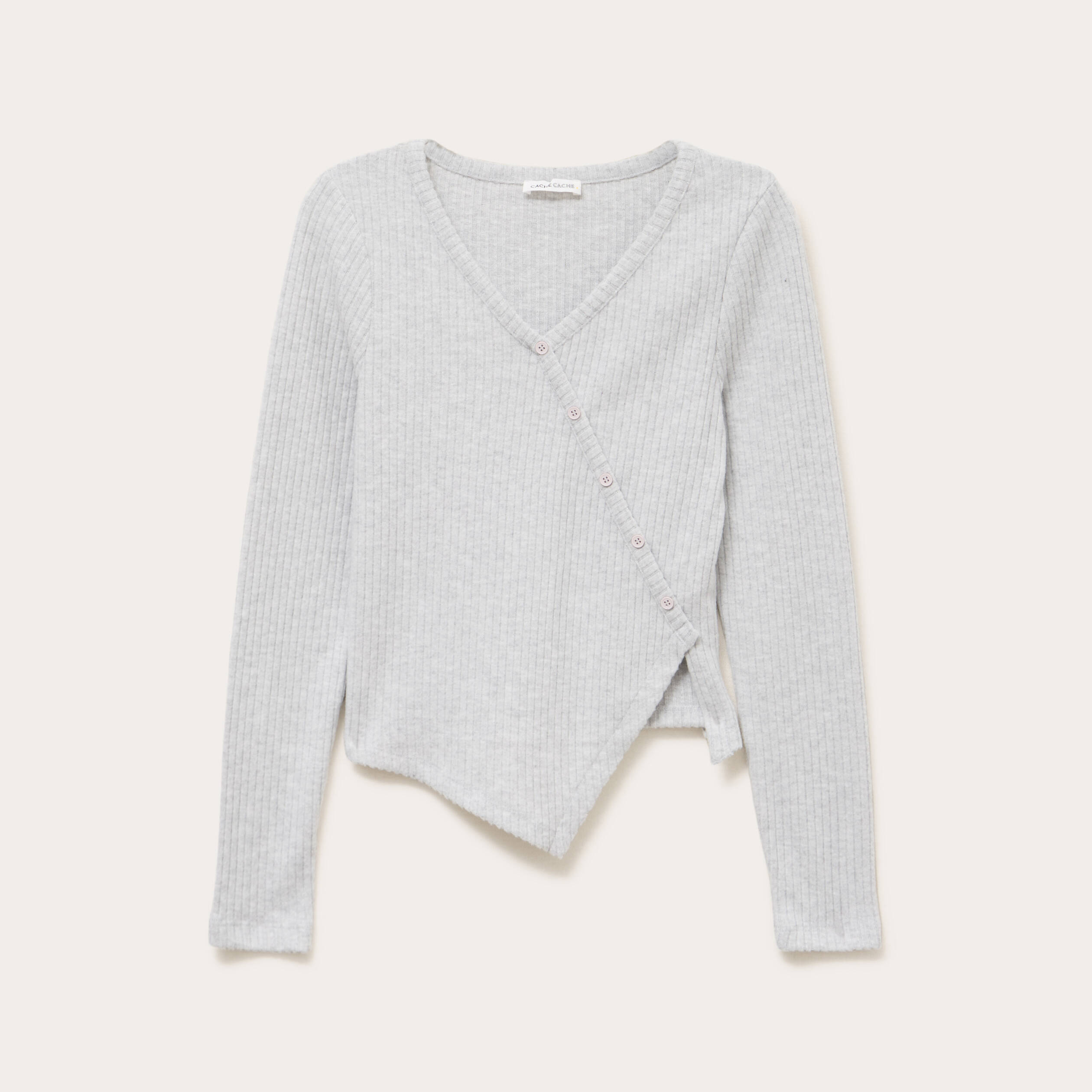 Pull duveteux col rond manches longues gris clair femme