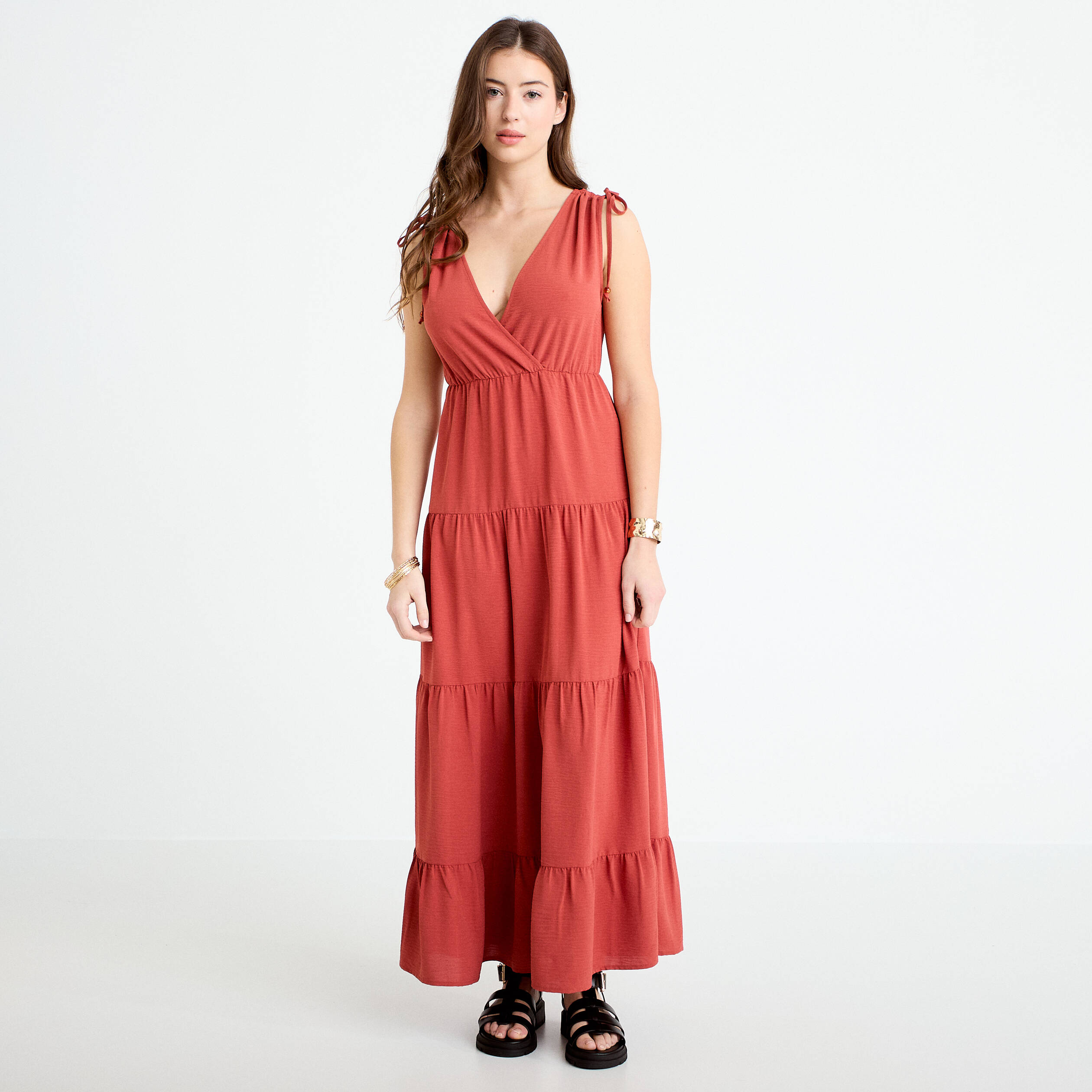 Robe longue &eacute;vas&eacute;e col V vieux rose femme
