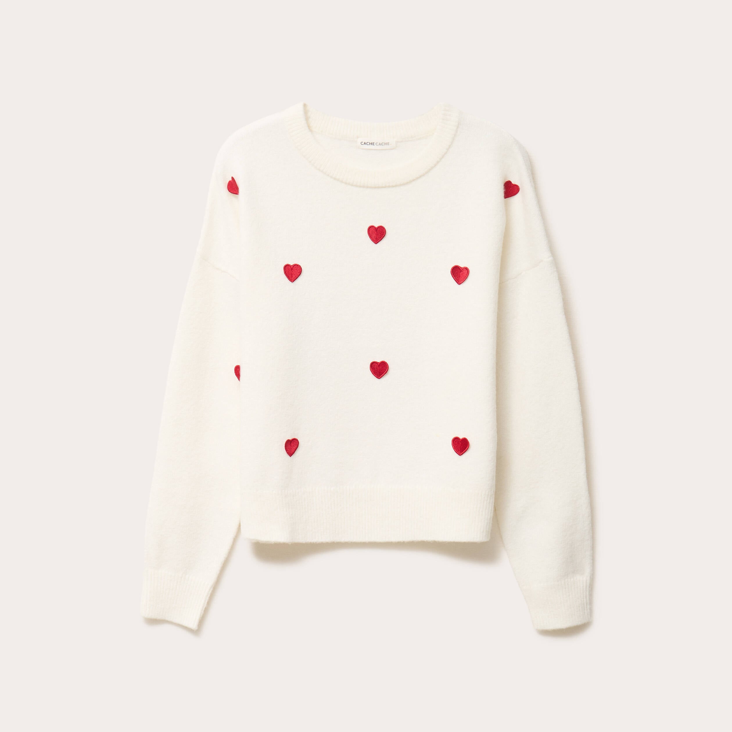 Pull &agrave; motifs coeurs ecru femme