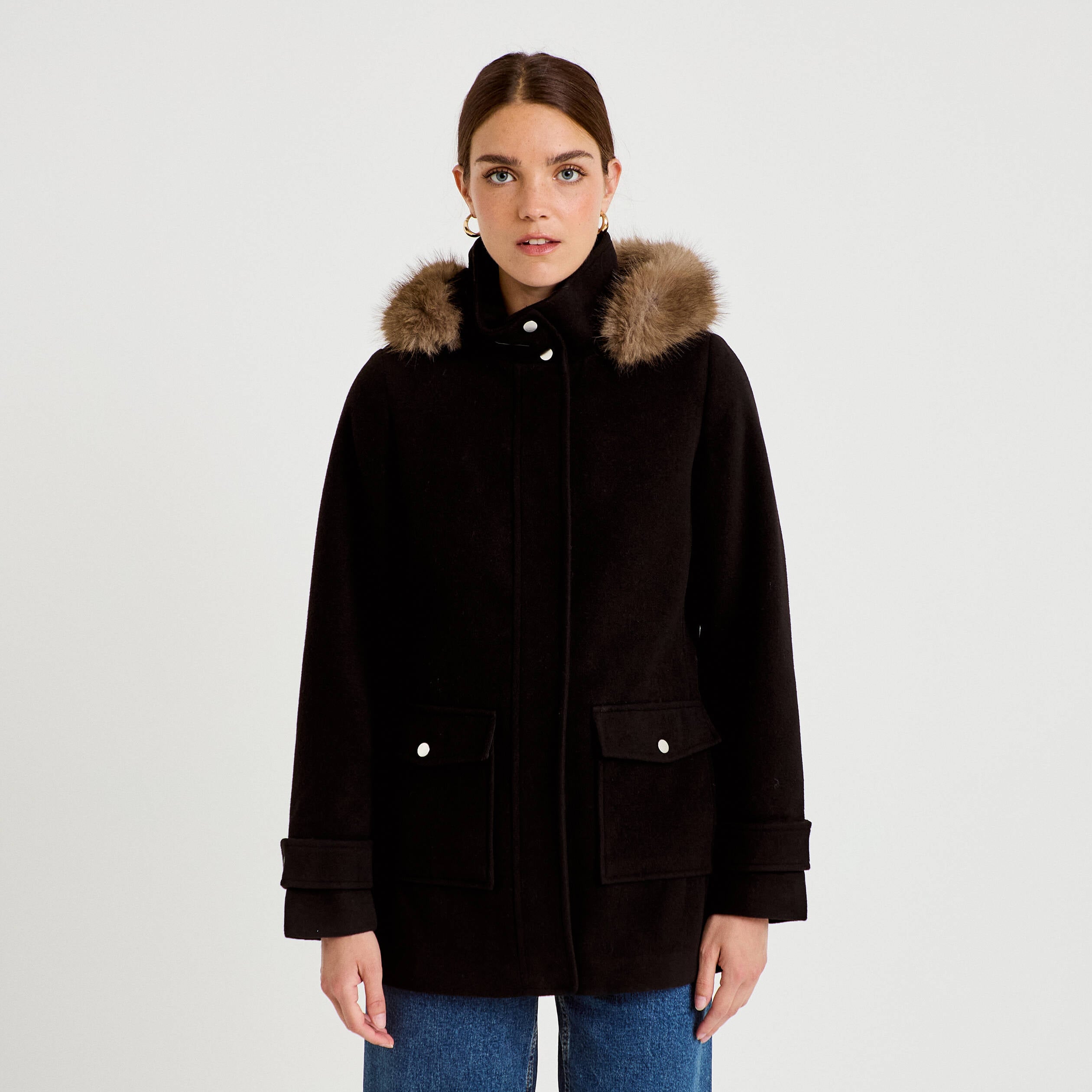 Manteau mi-long &agrave; capuche noir femme