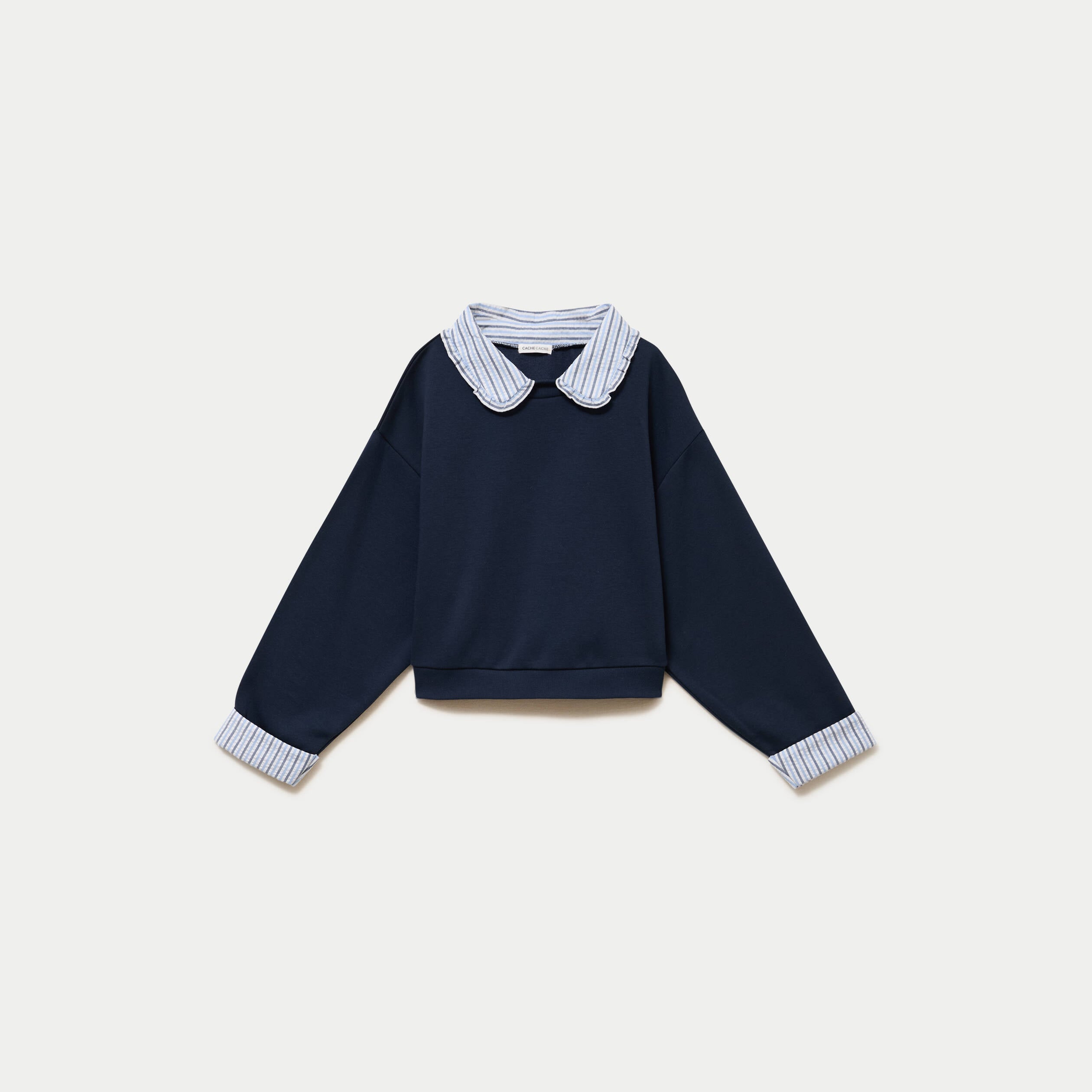 Sweat col chemise manches longues bleu marine femme