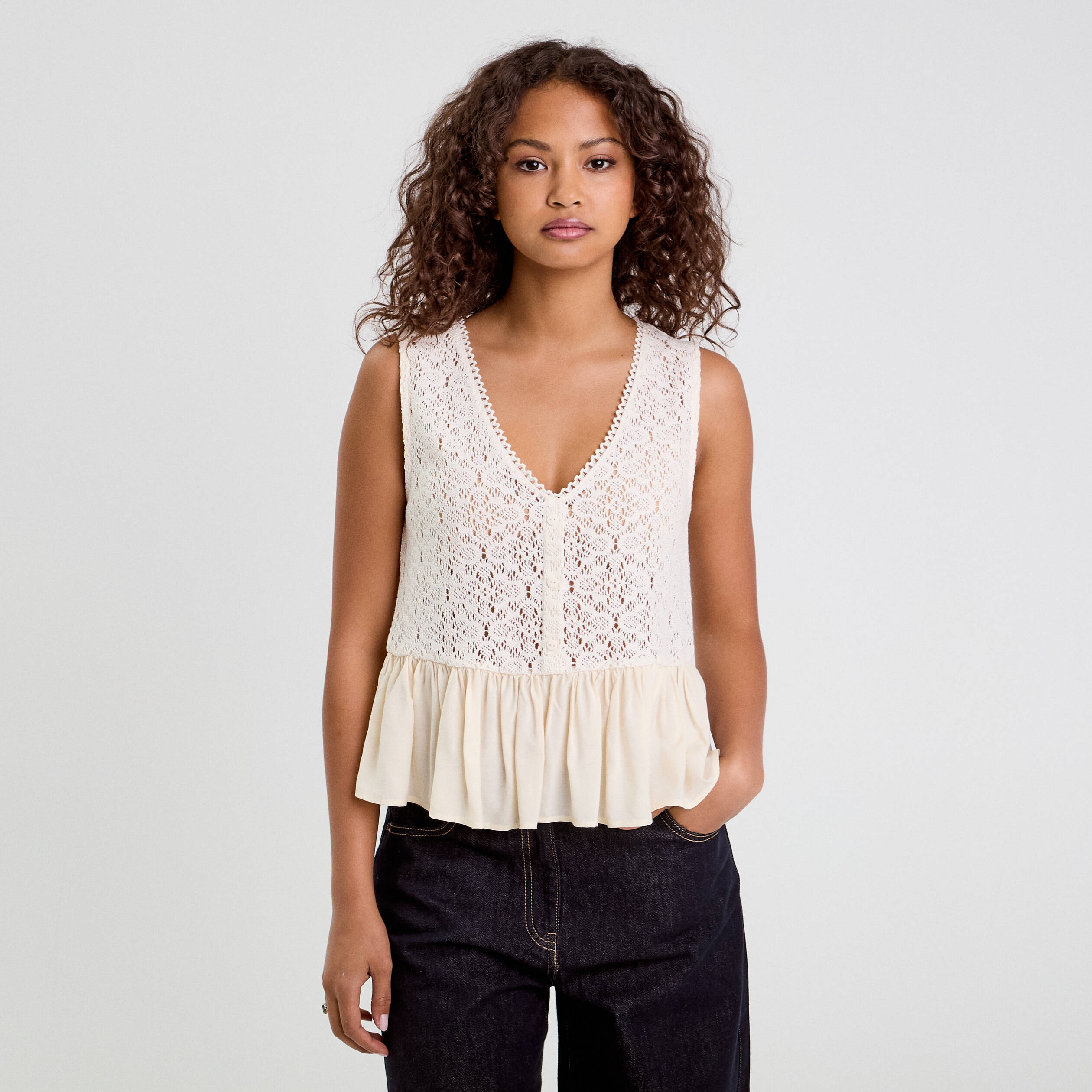 Blouse sans manches dentelle ecru femme