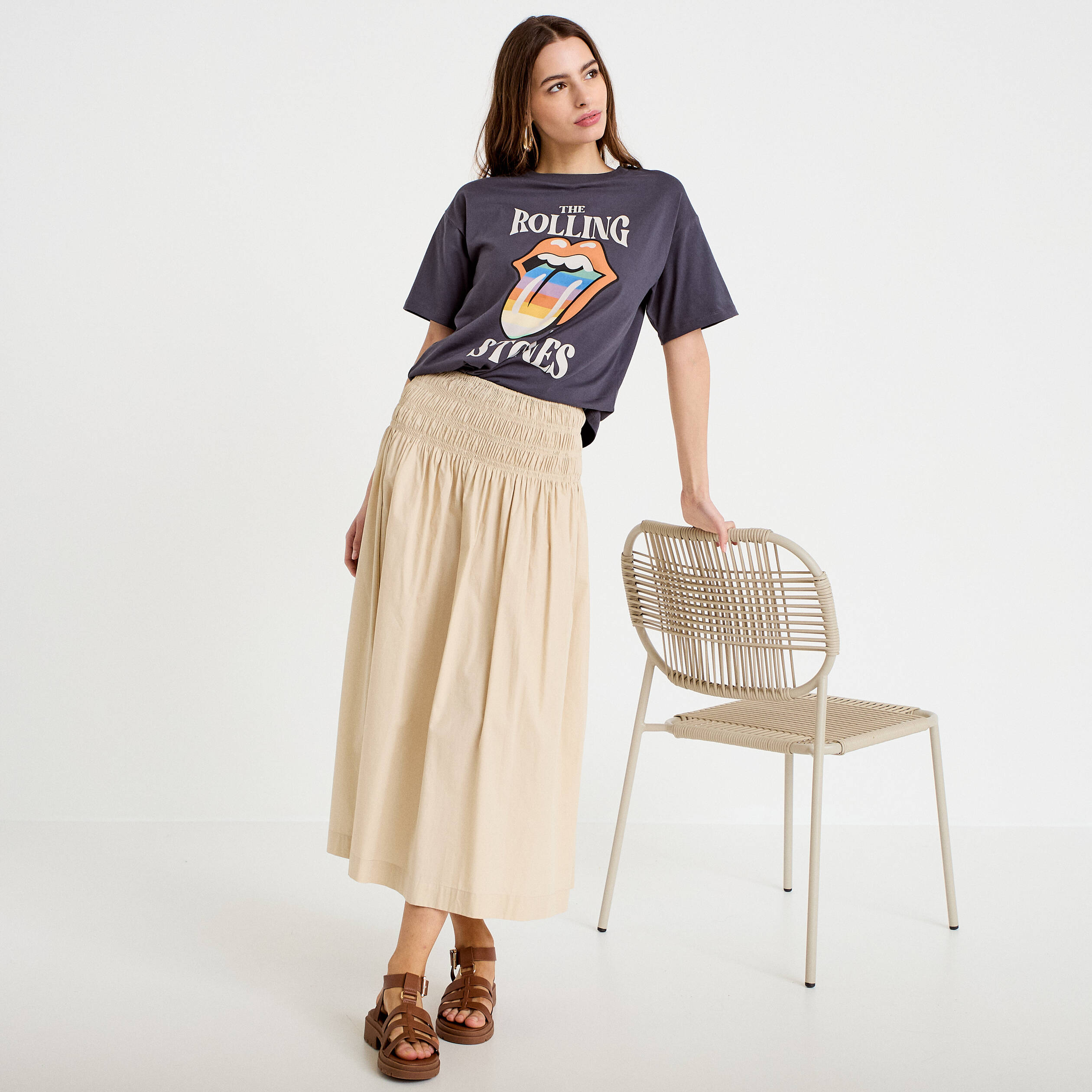 Jupon &eacute;vas&eacute; taille smock&eacute;e beige femme