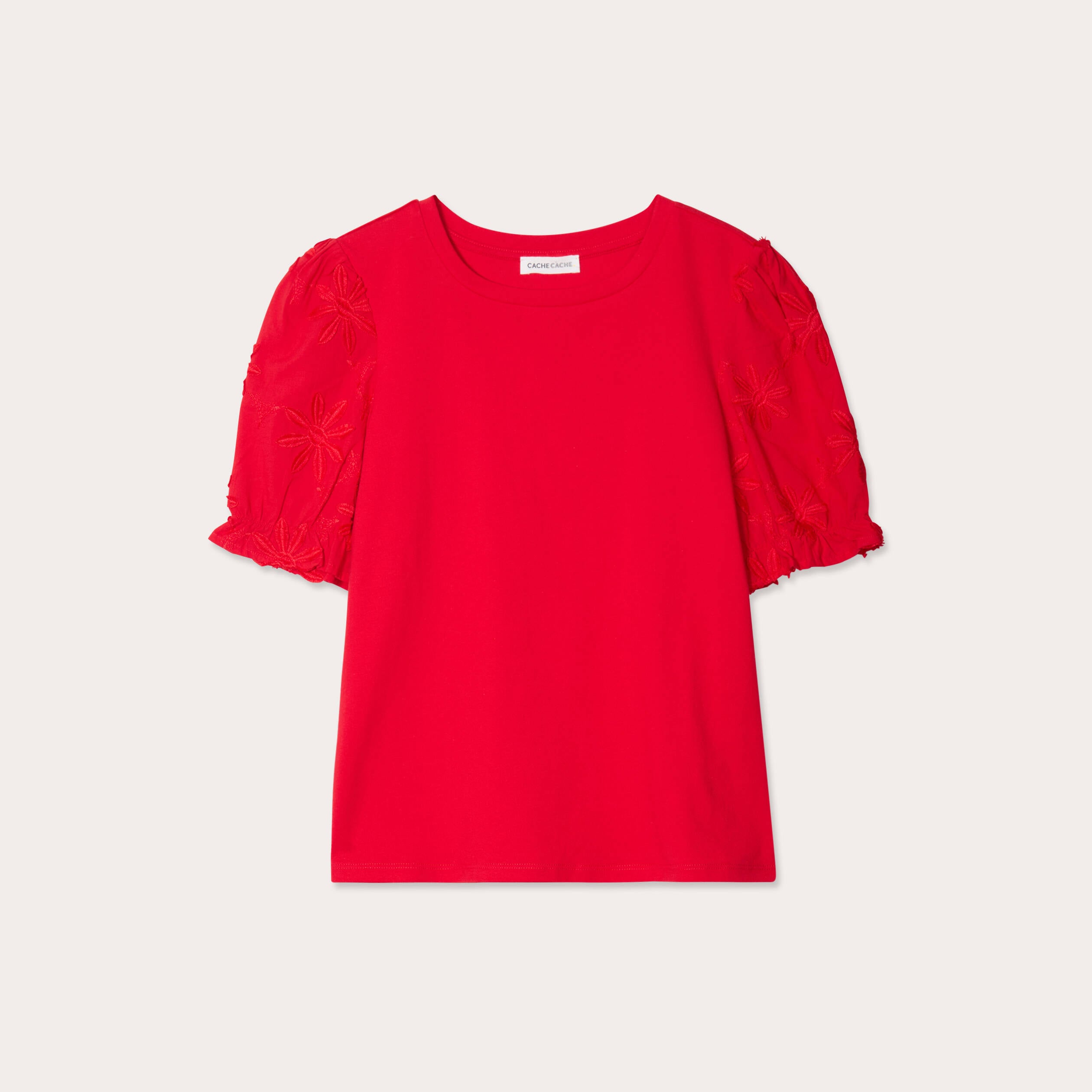 T-shirt manches brod&eacute;es rouge femme