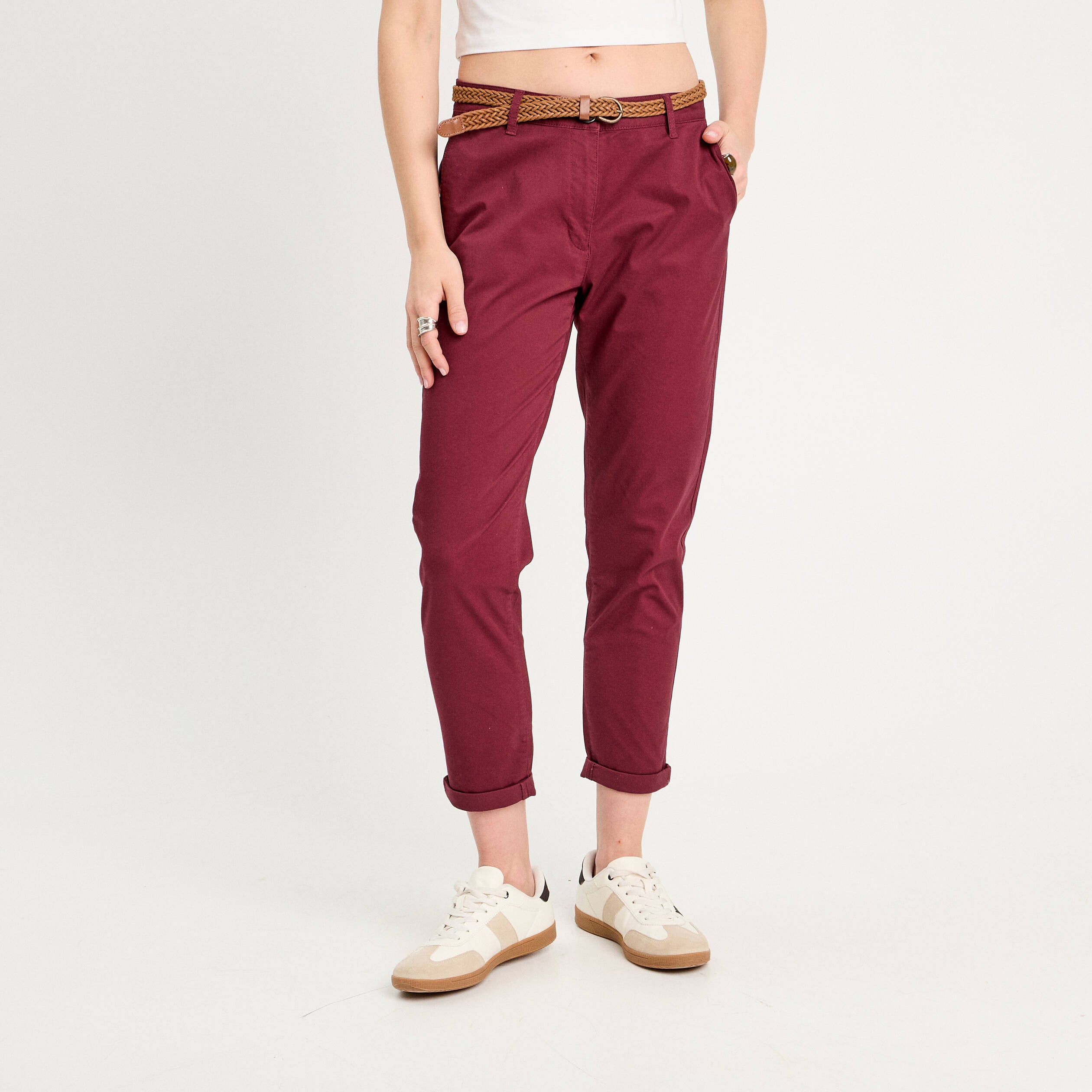 Pantalon chino 7/8&egrave;me bordeaux femme