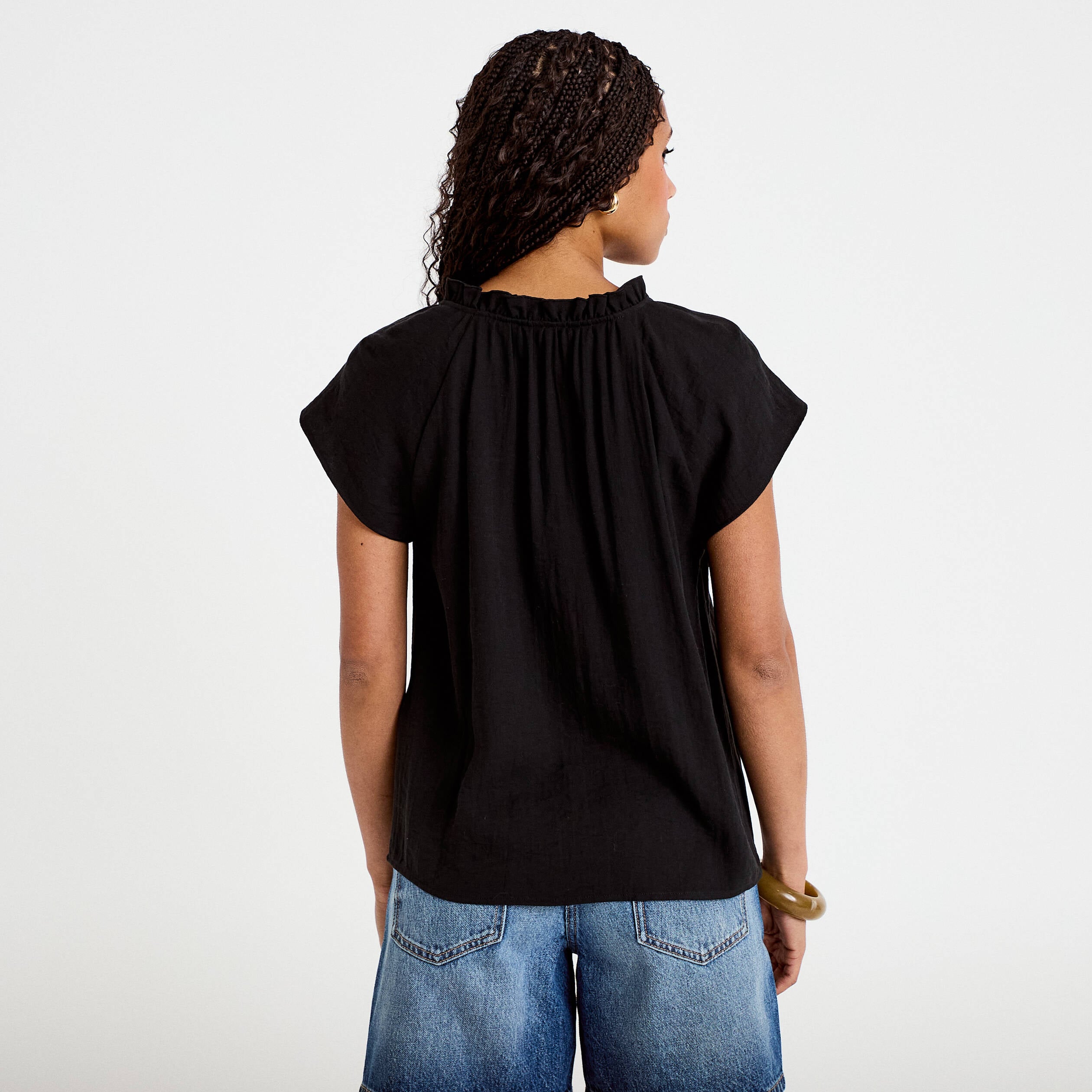 Blouse ample col v manches courtes noir femme