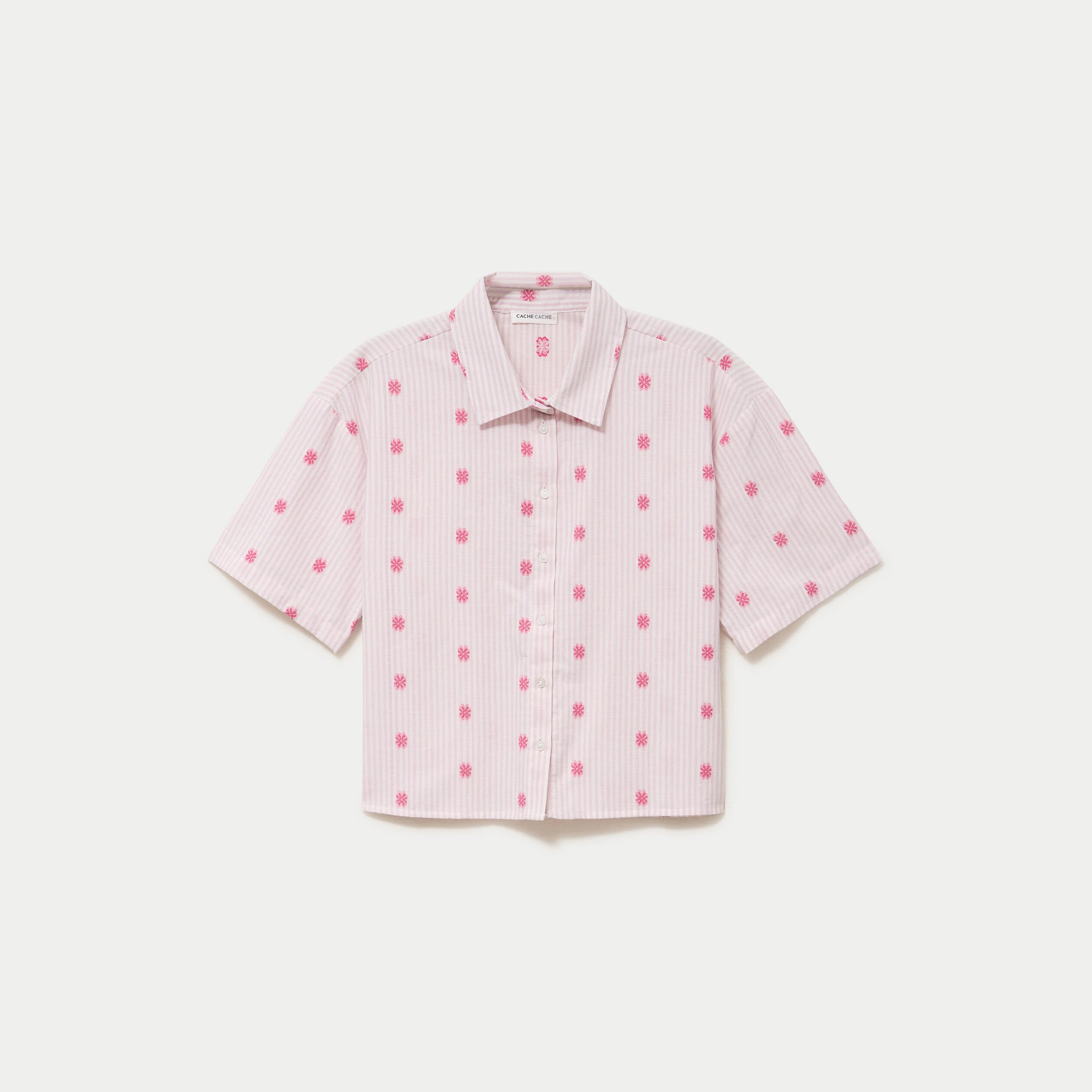 Chemise droite cropped col am&eacute;ricain rose femme