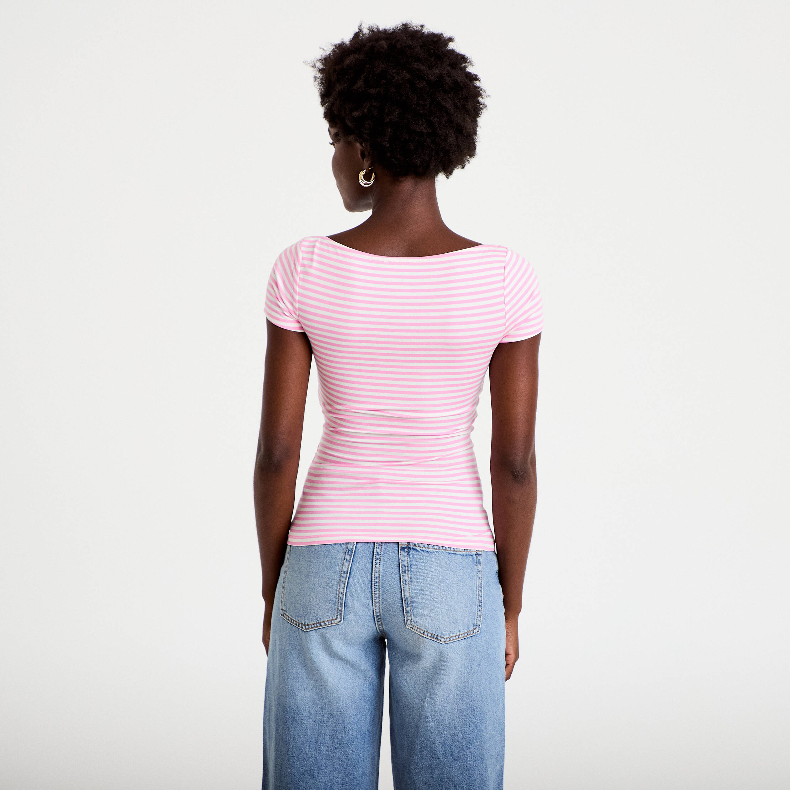 Top ajust&eacute; col bateau manches courtes rose clair femme